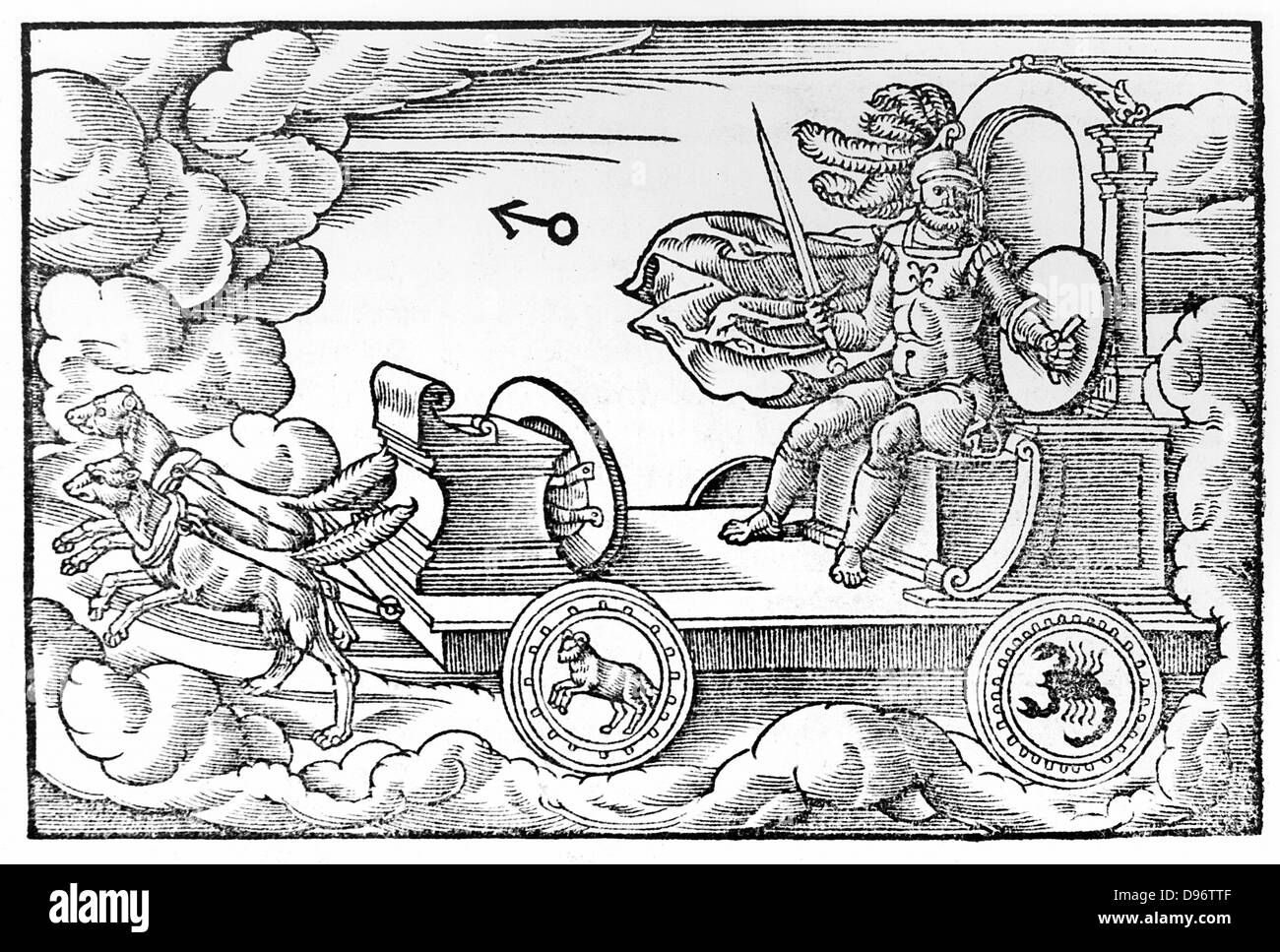 Mars (Greek Ares) Roman god of war. A male planet, hot and fiery. Those born under Mars had a choleric temperament. The planet's metal was iron, its season Summer, its day Tuesday and its night Saturday. From Solensis Aratus 'Phaenomena et Prognostica', Cologne, 1569, Woodcut Stock Photo