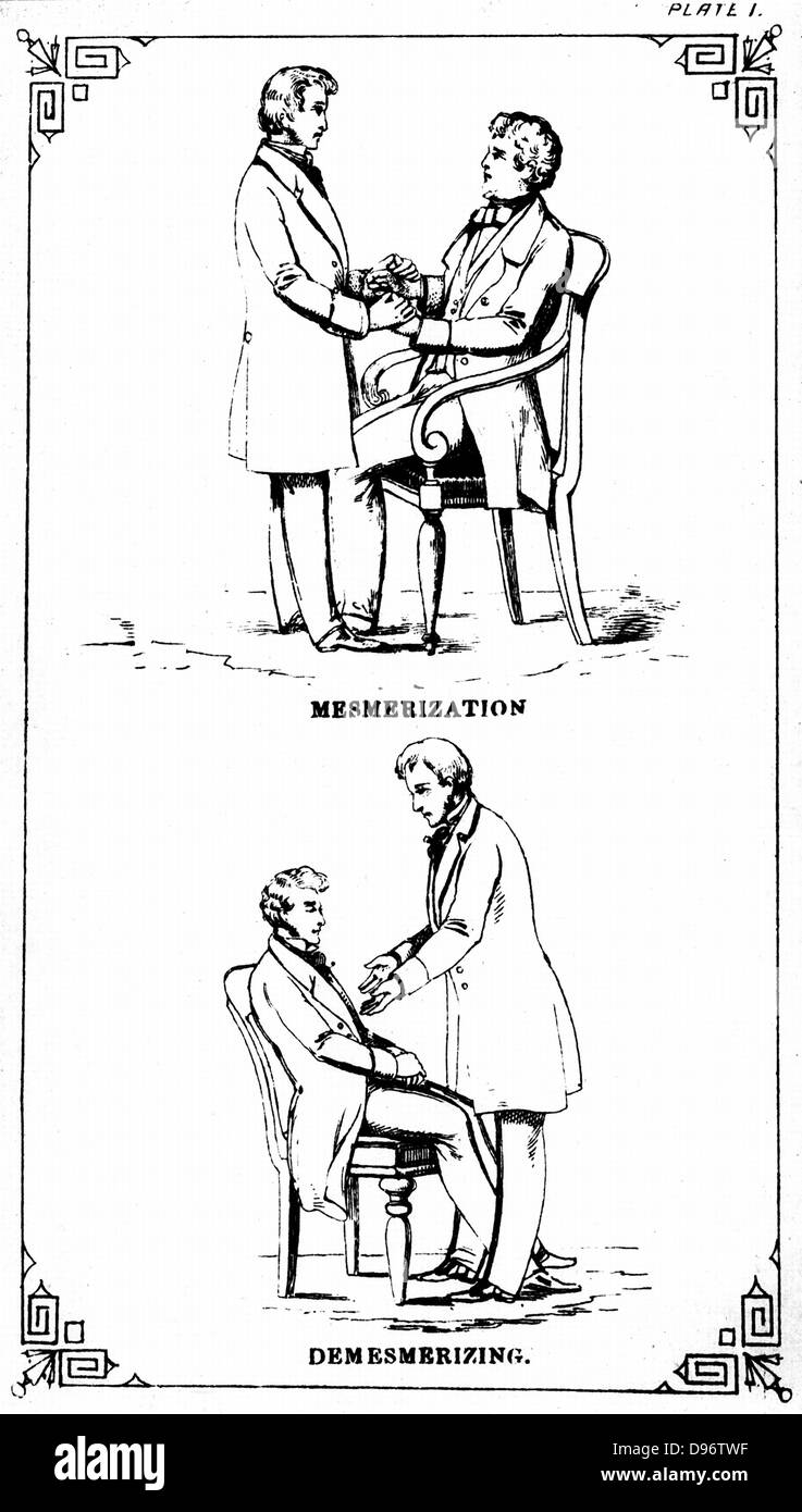 Hypnosis: Placing patient under the influence of hypnotism, top, and releasing him from that influence, bottom. From William Davey 'The Illustrated Practical Mesmerist', London, 1889. Lithograph. Stock Photo