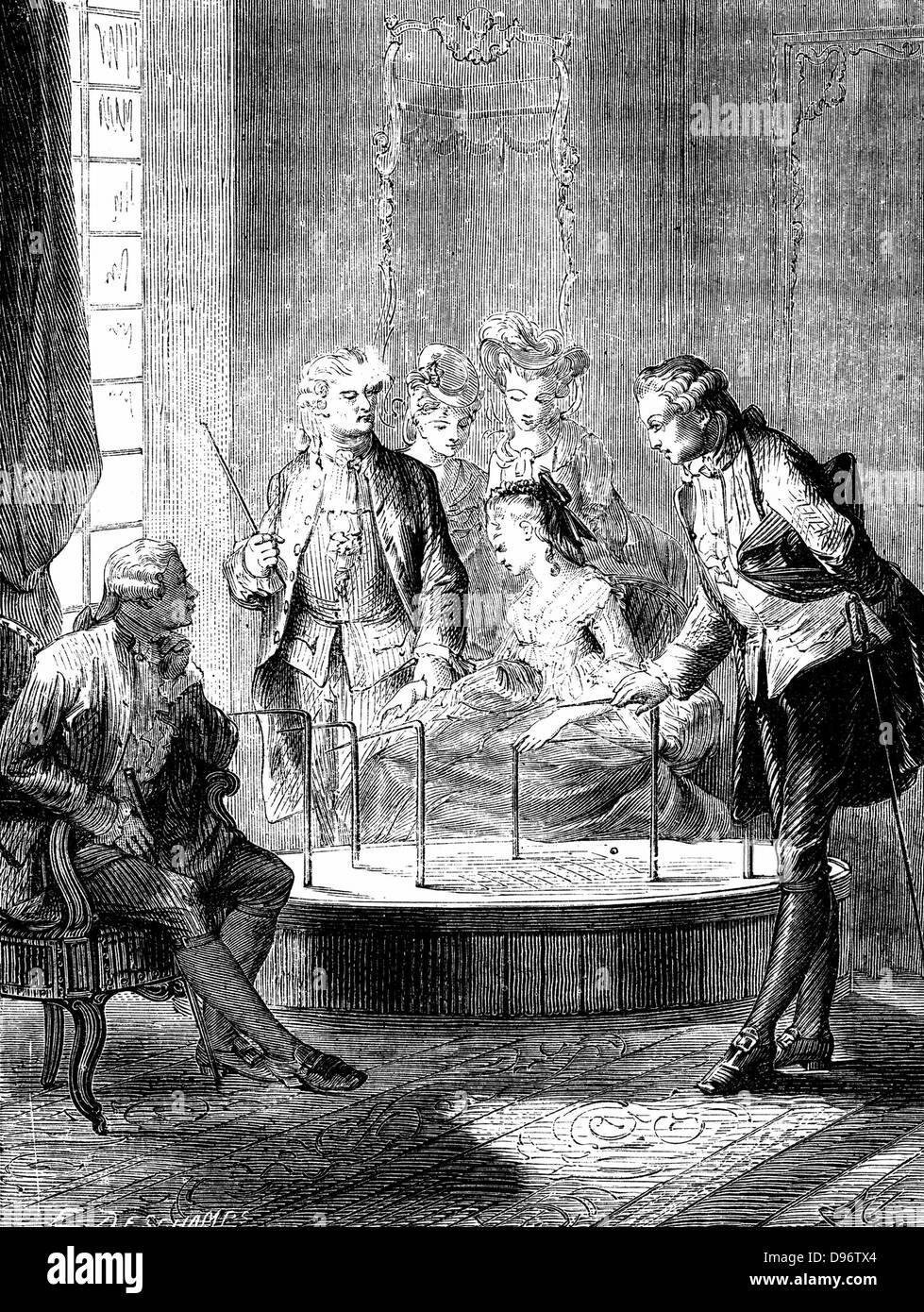 Mesmer's tub at his consulting room in parish which opened soon after his treatise 'Memoire sur la decouverte de magnetism animal' in 1779. Tub was a vat of dilute sulphuric acid and patients at therapy sessions sat around it either holding hands, or holding one of the iron bars projecting from it. Illustration published Paris c1870. Stock Photo
