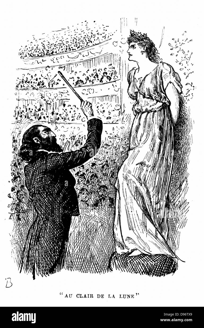 Trilby the tone-deaf ?! ?.who couldn't tell a C from an F!!' giving a concert under Svengali's hypnotic influence. Illustration by George Du Maurier for his novel 'Trilby', London, 1894. Stock Photo