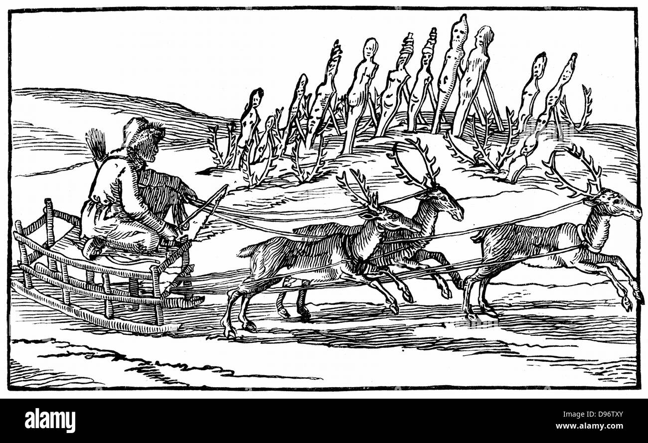 Samoyed travelling on sleigh pulled by reindeer. In background stands a group of religious idols, some with reindeer antlers planted in front of them. Samoyed peoples, of which the Nenets the most numerous, inhabit Northern Siberia. Dutch woodcut from late 16th, early 17th century. Stock Photo