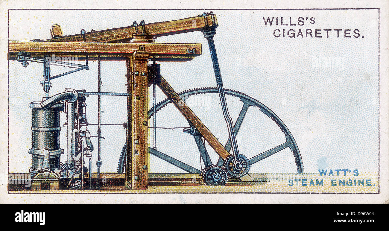 Steam engine by James Watt (1736-1819) showing sun-and-planet gear converting up-and-down motion of beam to rotary motion for