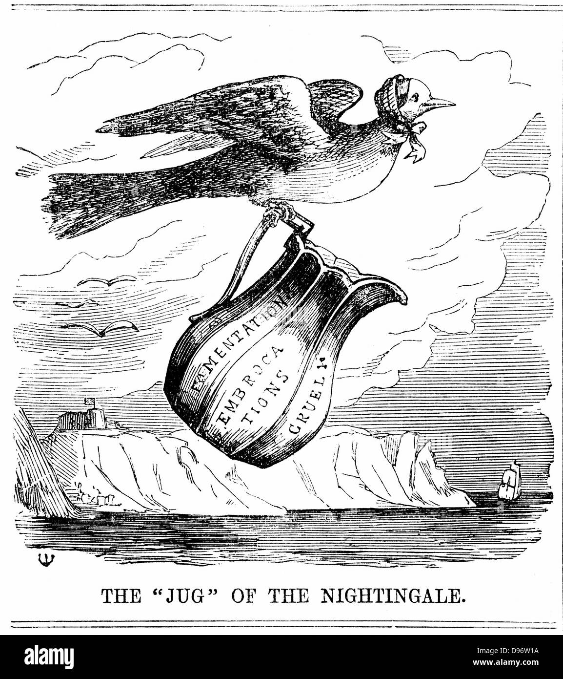 Florence Nightingale (1820 -1910) English nurse, flying to the aid of British troops in the Crimea. From 'Punch', London, 1854. Wood engraving. Stock Photo
