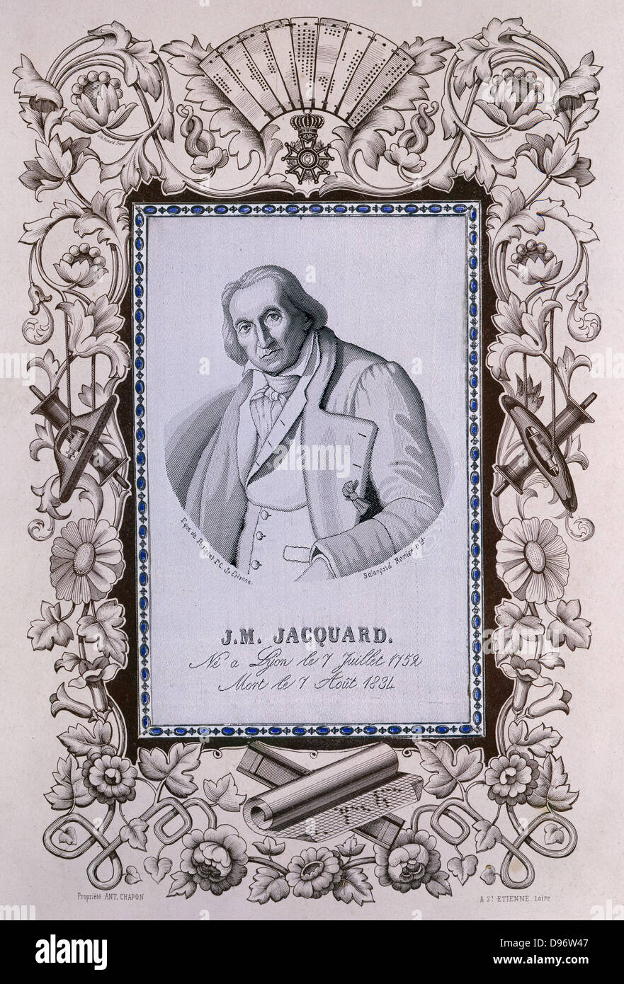 Joseph Marie Jacquard (1752-1834) French silk-weaver and inventor. Portrait woven by Jacquard loom, surrounded by printed border showing punched cards, paper for designing patterns, shuttles, bobbins, etc. Stock Photo