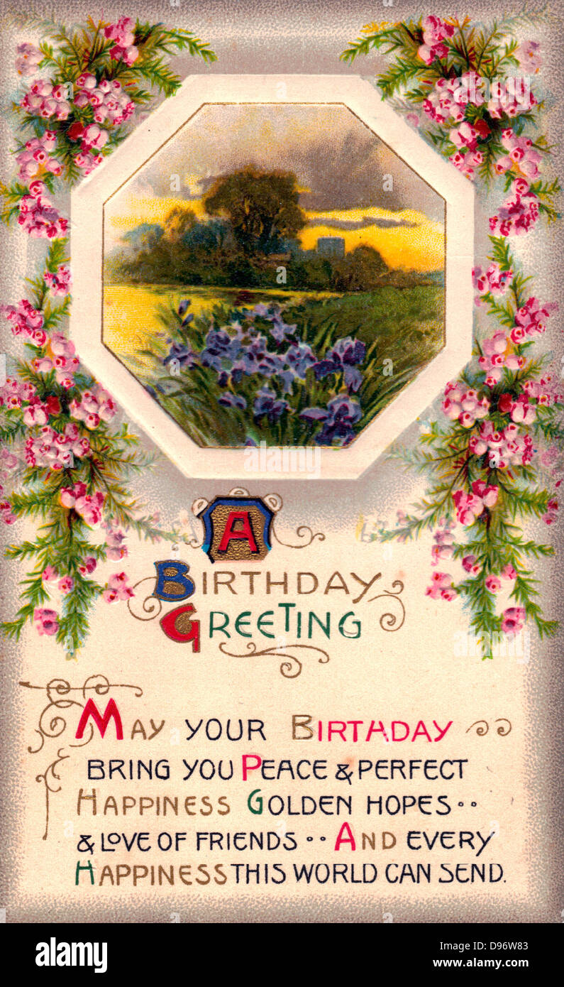 A Birthday Greeting - May your Birthday bring you Peace and perfect Happiness, Golden Hopes and Love of Friends - and every happiness this world can send - Vintage Card Stock Photo