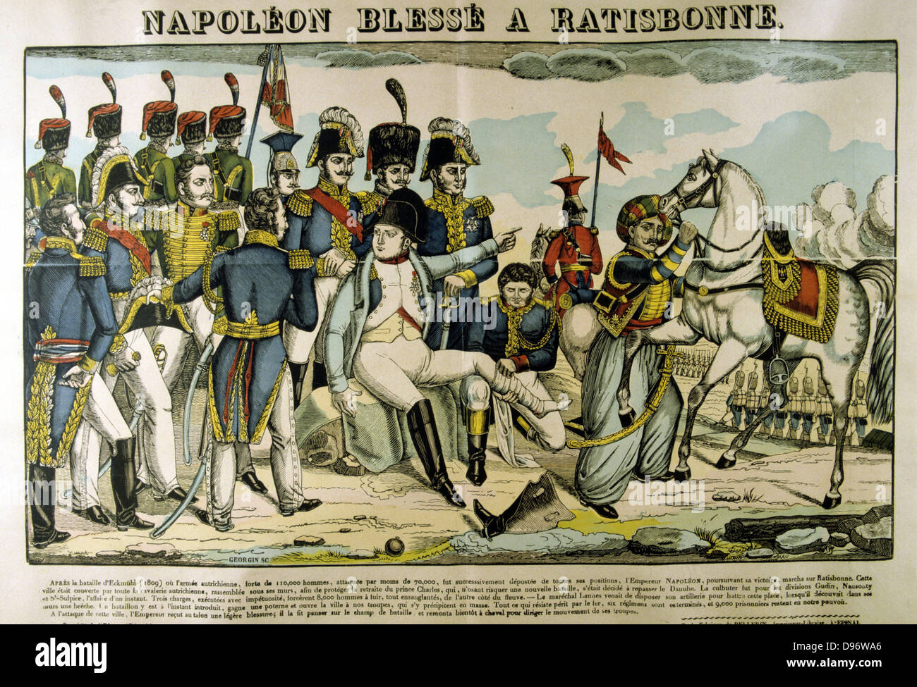 Battle of Ratisbon (Regensburg) 19-23 April 1809. French under Baron de Coutard defeated the Austrians under Archduke Charles. Napoleon I wounded in the ankle. Popular French hand-coloured woodcut. Stock Photo