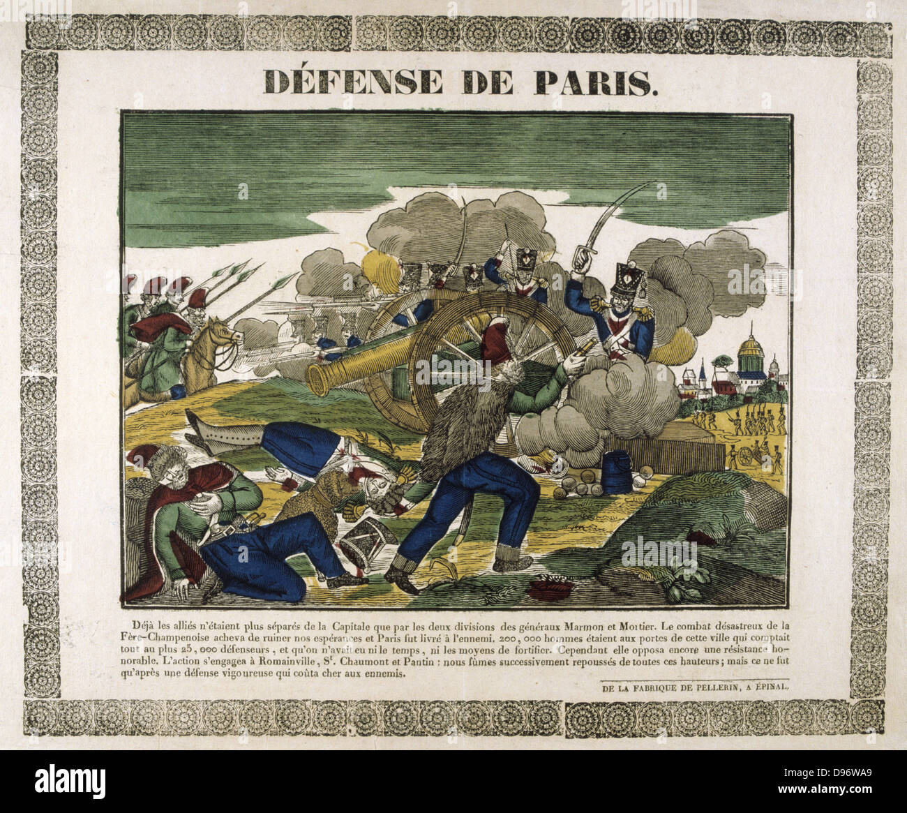 The Defence of Paris, 30 March 1814. The French defending Paris against Russian, Austrian and Prussian forces. Popular French hand-coloured woodcut. Stock Photo