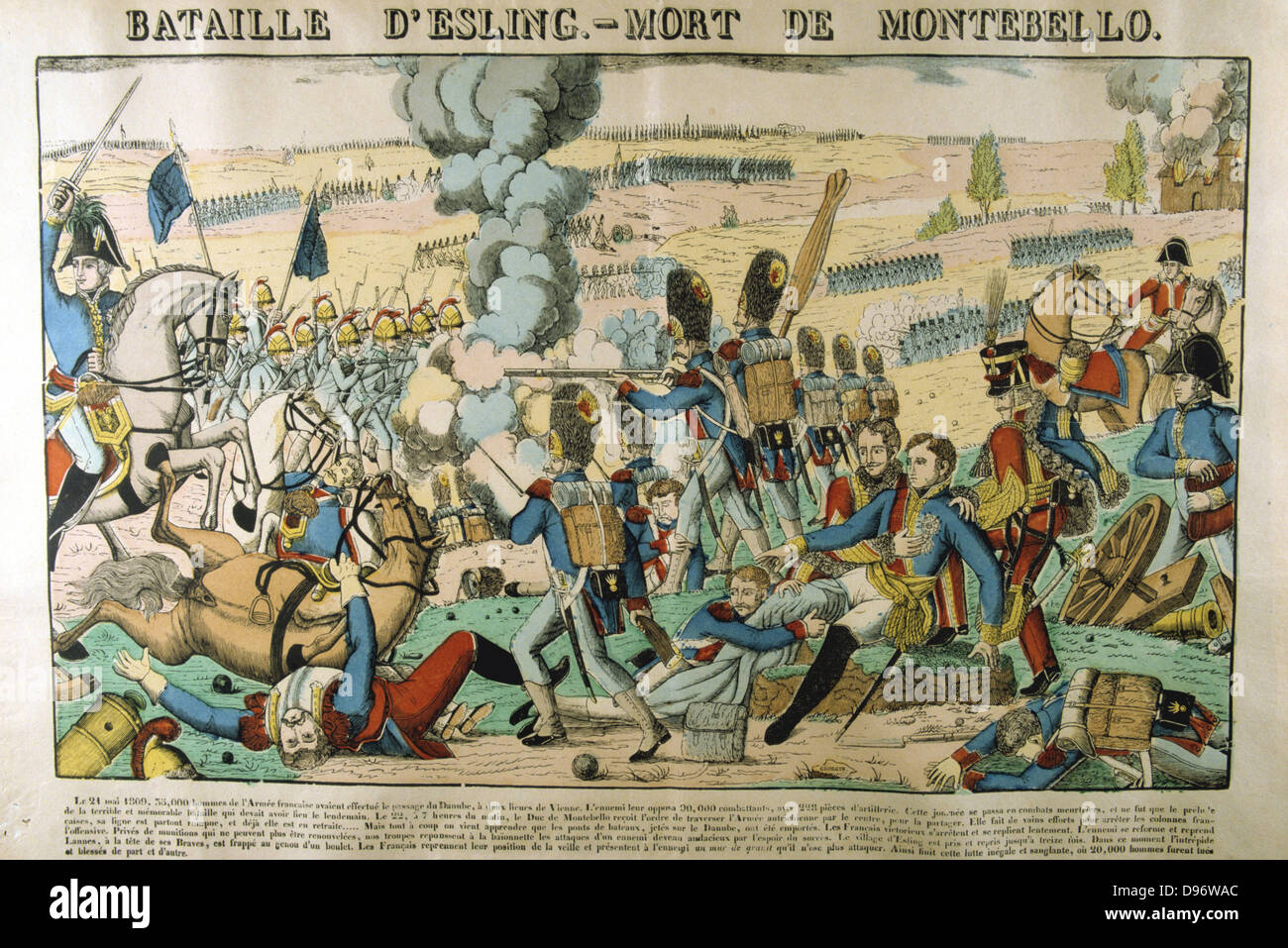 Batle of Aspern-Essling 21-22 May 1809. French under Napoleon defeated by the Austrians under Archduke Charles. Jean Lannes, Duke of Montebello, mortally wounded. He died on 30 May. Popular French hand-coloured woodcut. Stock Photo