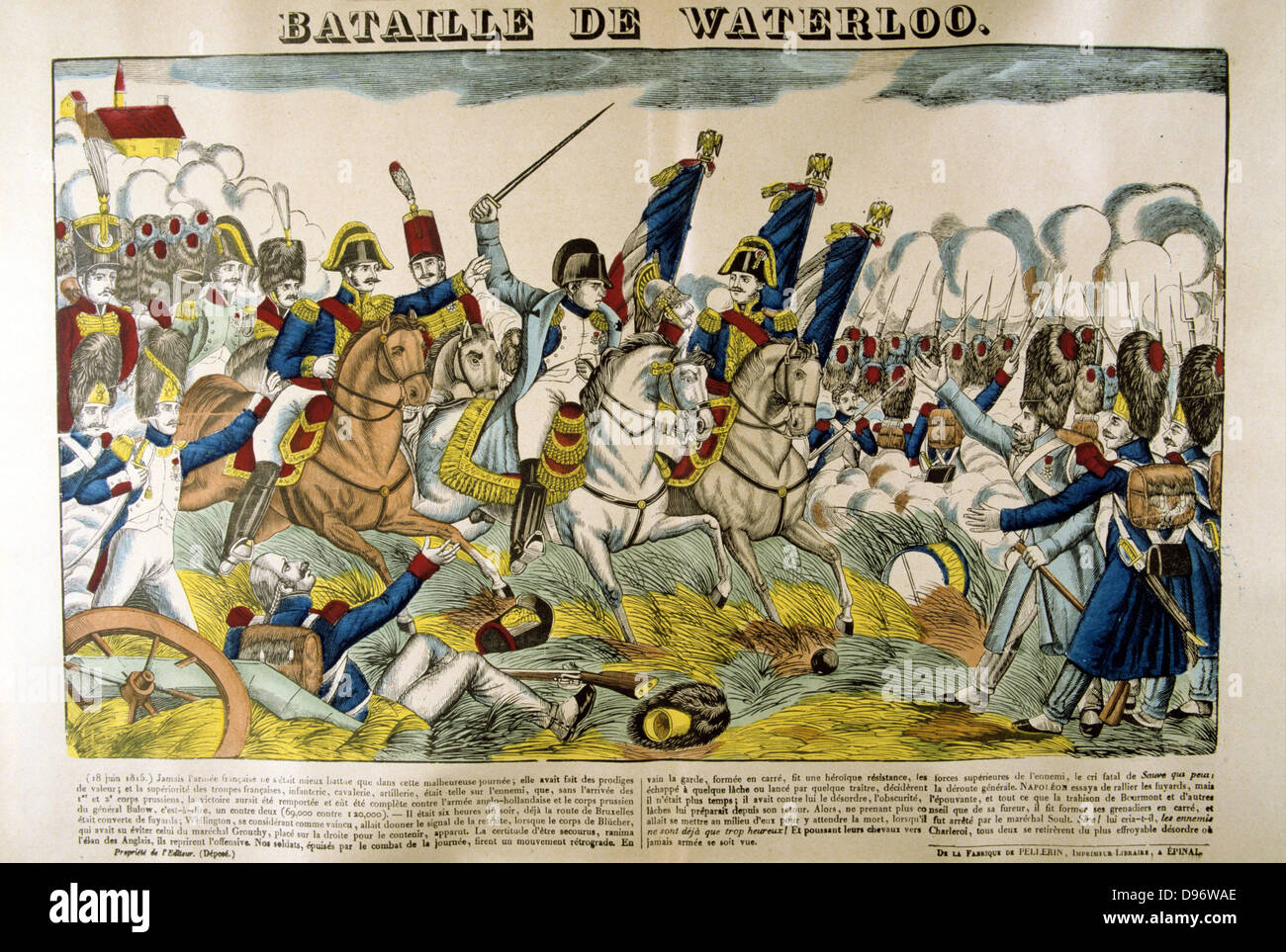 Napoleon at the Battle of Waterloo, 18 June 1815. Popular French hand-coloured woodcut. Stock Photo