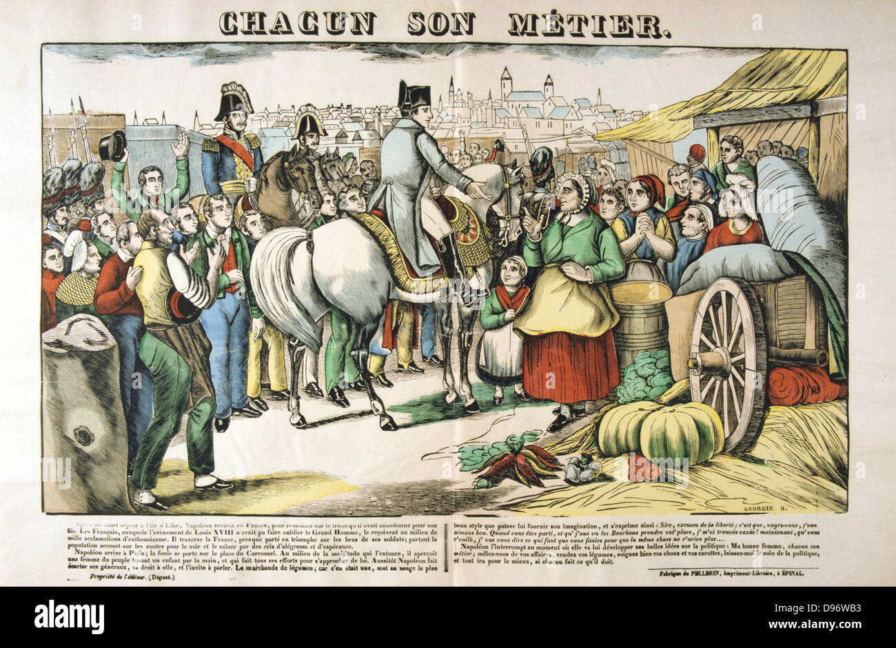 Napoleon I (Napoleon Bonaparte 1769-1821) returning to France from exile in Elba, 26 February 1815, welcomed by his supporters. Nineteenth century popular French coloured woodcut. Stock Photo