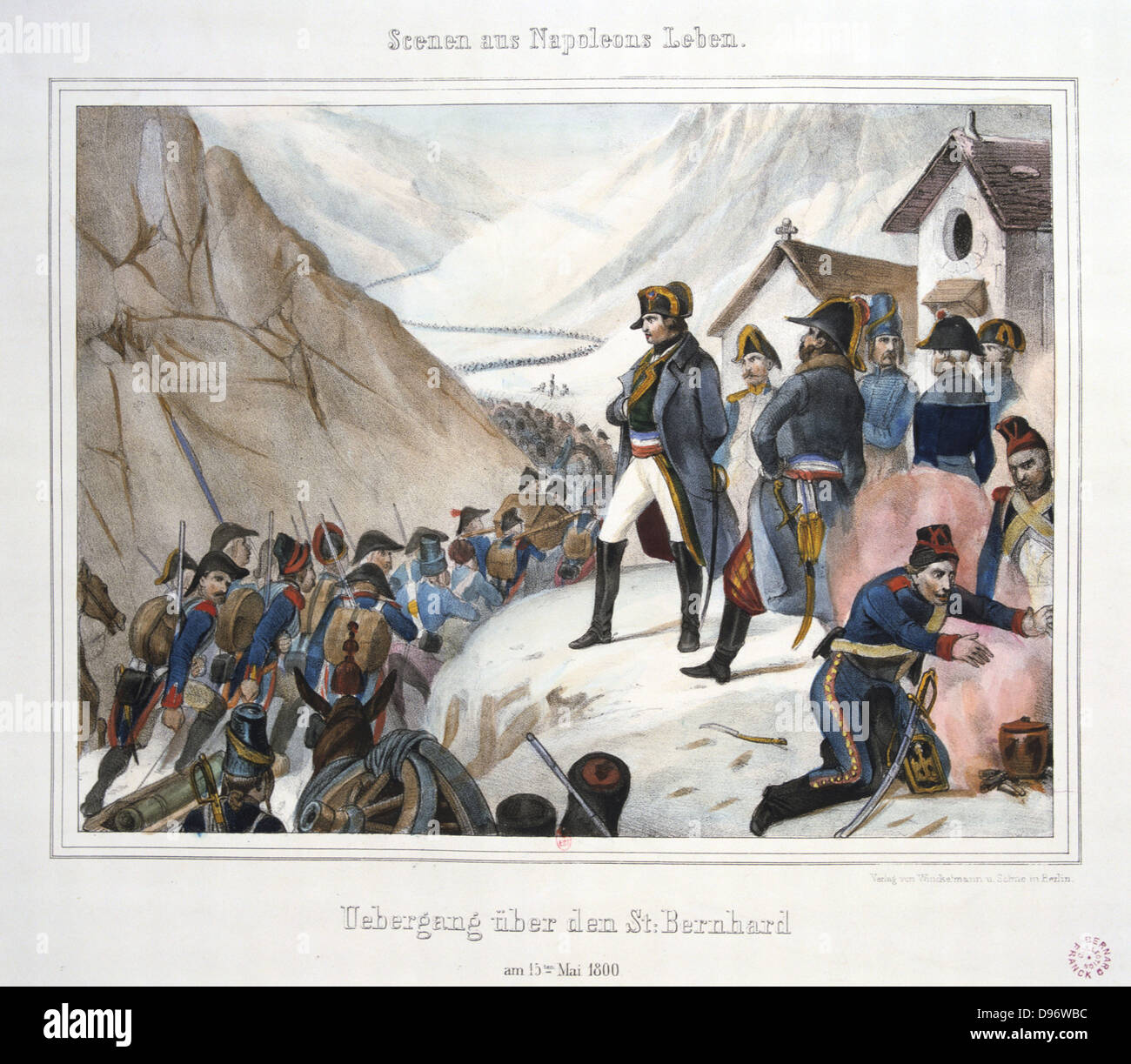 Napoleon crossing the Alps at the St Bernard Pass with the French Reserve Army , Spring 1800. Aquatint Stock Photo