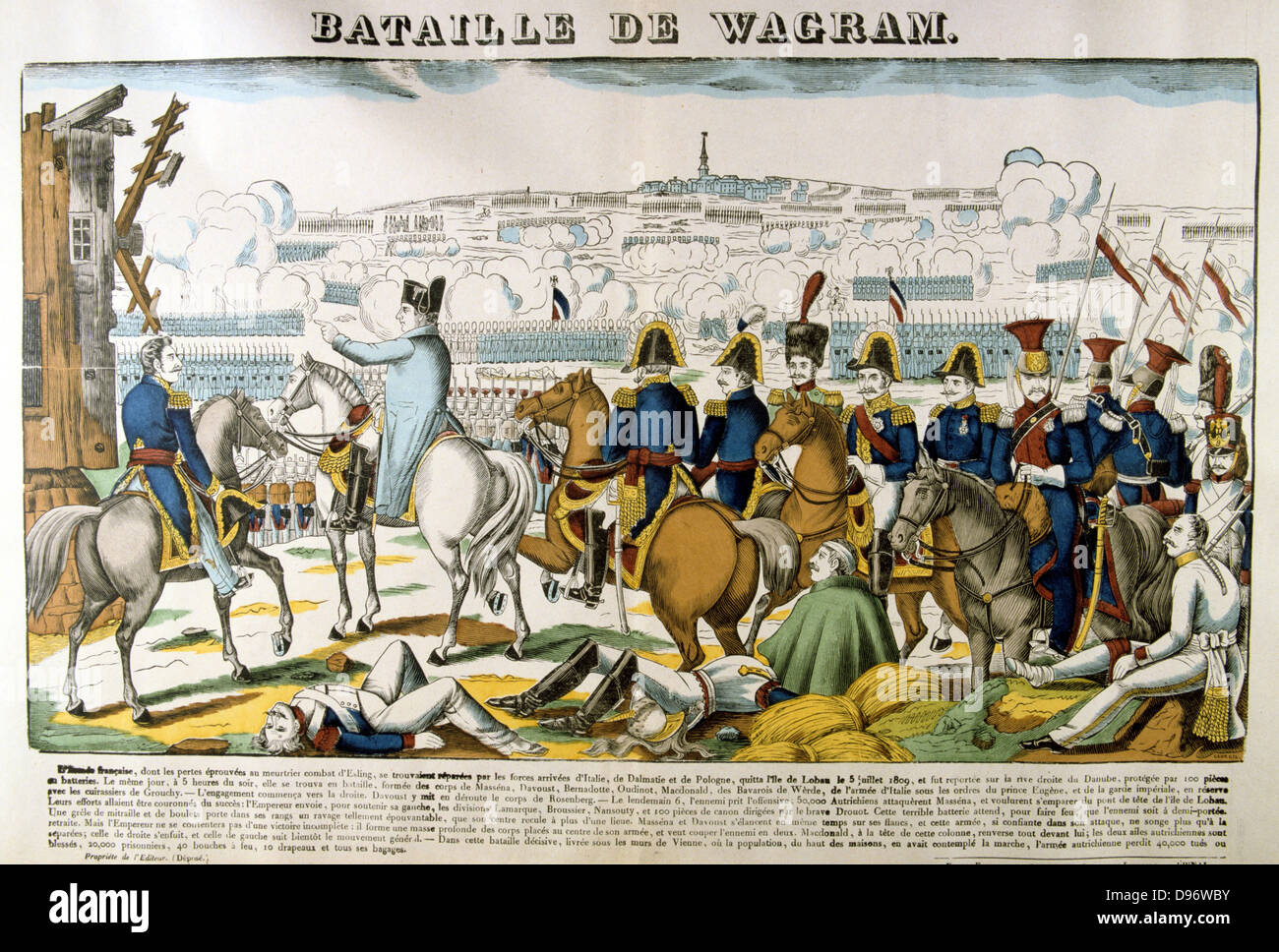 Napoleon at the Battle of Wagram, 5-6 July 1809. Decisive French victory under Napoleon over the Austrians under Archduke Charles led to Armistice of Zniam. Popular French hand-coloured woodcut. Stock Photo