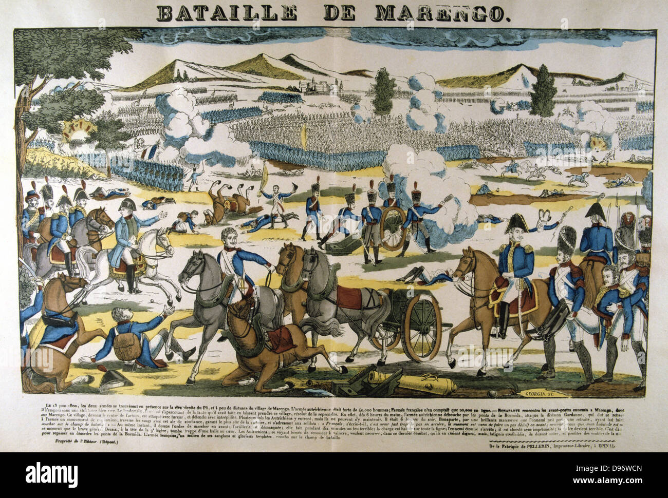 Bonparte, centre left, at the Battle of Marengo, 14 June 1800. French forces under Napoleon defeated Austrians. Popular French hand-coloured woodcut. Stock Photo