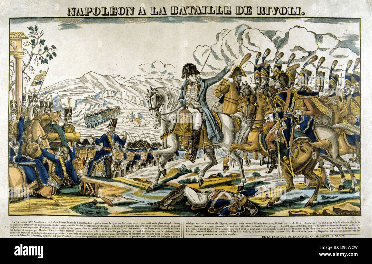 Napoleon at the Battle of Rivoli'. Rivoli (14-15 January 1797) defeat of Austria by French forces under Bonaparte. Popular French hand-coloured woodcut. Stock Photo