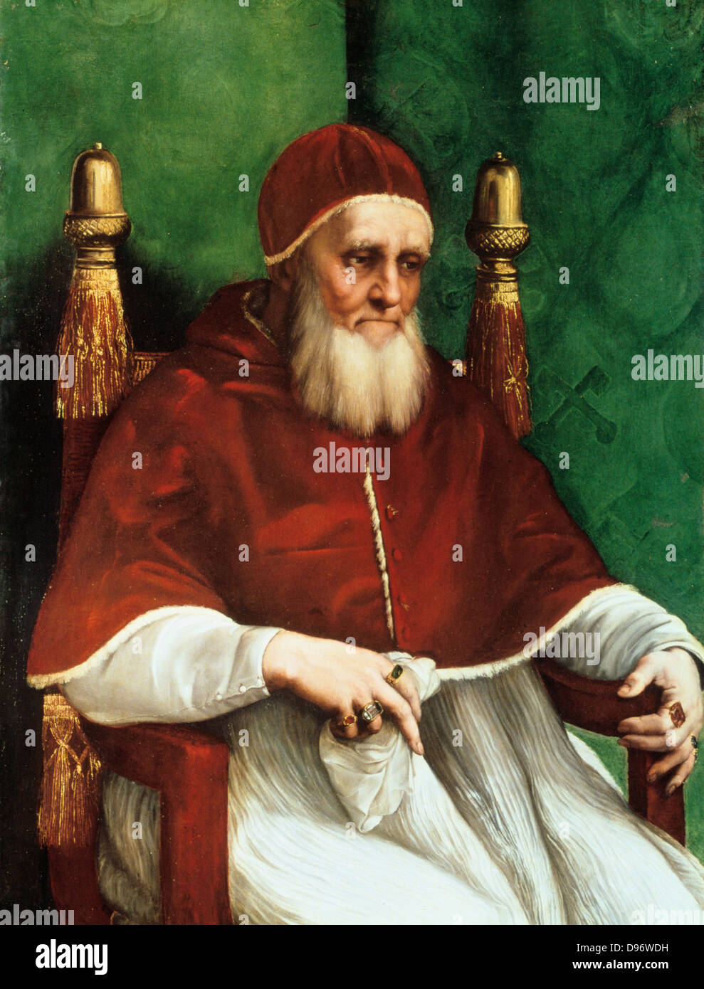 Julius II (born Giuliano della Rovere - 1443-1513) Pope from 1503. Known as the Warrior Pope. 1511-1512: Raphael (Raffaello Santi 1483-1520) Italian painter. Oil on wood. Stock Photo