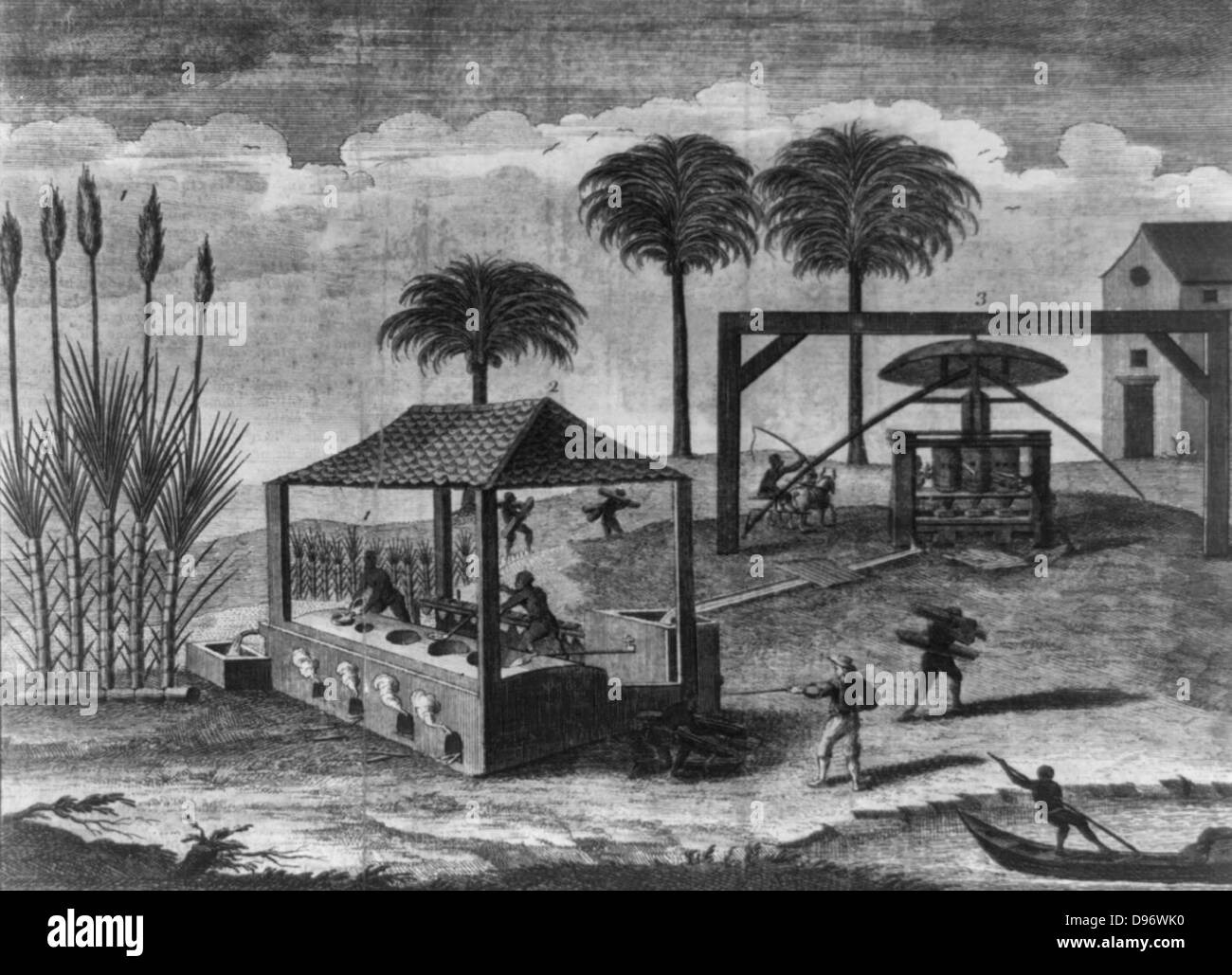A representation of the sugar-cane and the art of making sugar.  Sugarcane processing, probably in the West Indies, with a white overseer directing Natives at a press and boiling operation, circa 1749 Stock Photo
