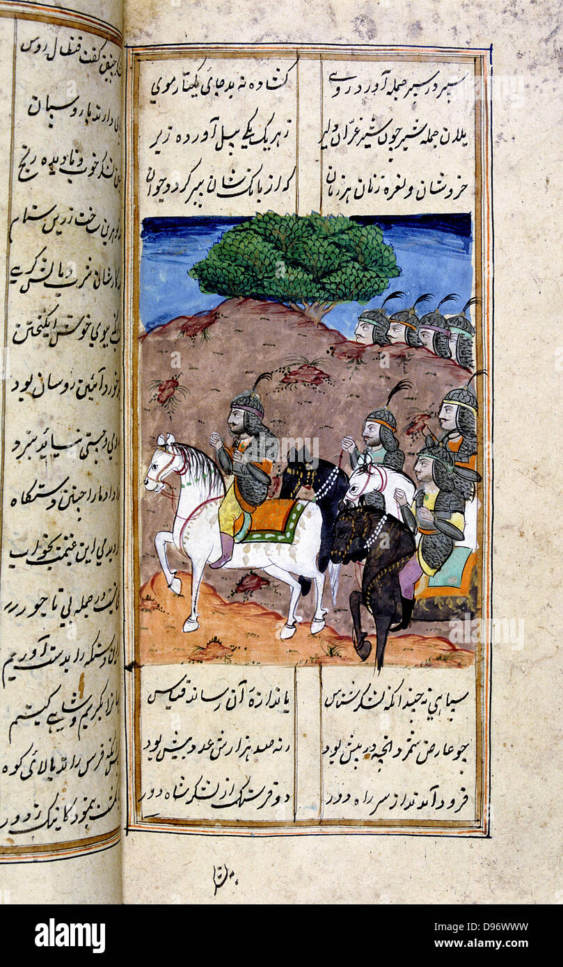 Alexander the Great (356-323 BC). 18th century Persian manuscript in Islamic style illustrating the12th century Persian poet Nezami 'Book of Alexander the Great' (Eskandar-nameh). The legend of Alexander was told and retold in Islamic art and literature from Southern Russia to the gates of India. Stock Photo