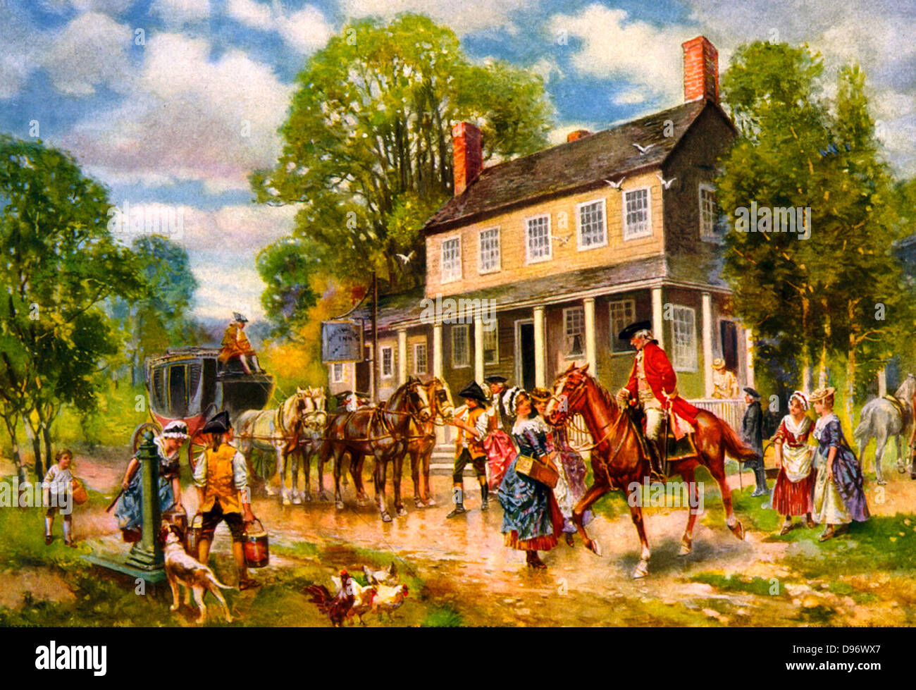 The Concord stage - Stagecoach in front of inn and a British soldier on horseback. Stock Photo