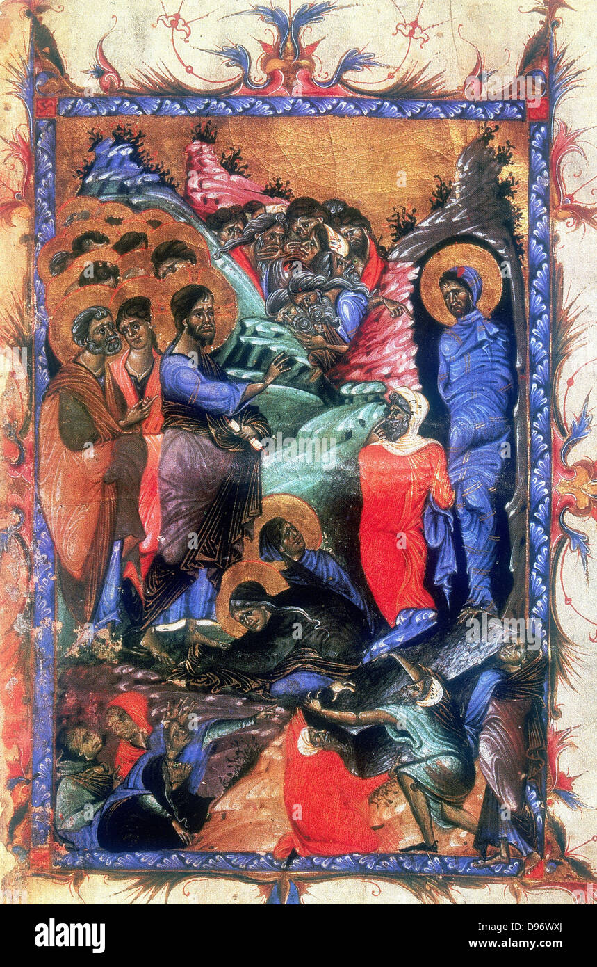 Jesus raising Lazarus after four days. Martha and Mary, sisters of Lazarus kneel at Jesus' feet. After Armenian Evangelistery (c1280). Stock Photo