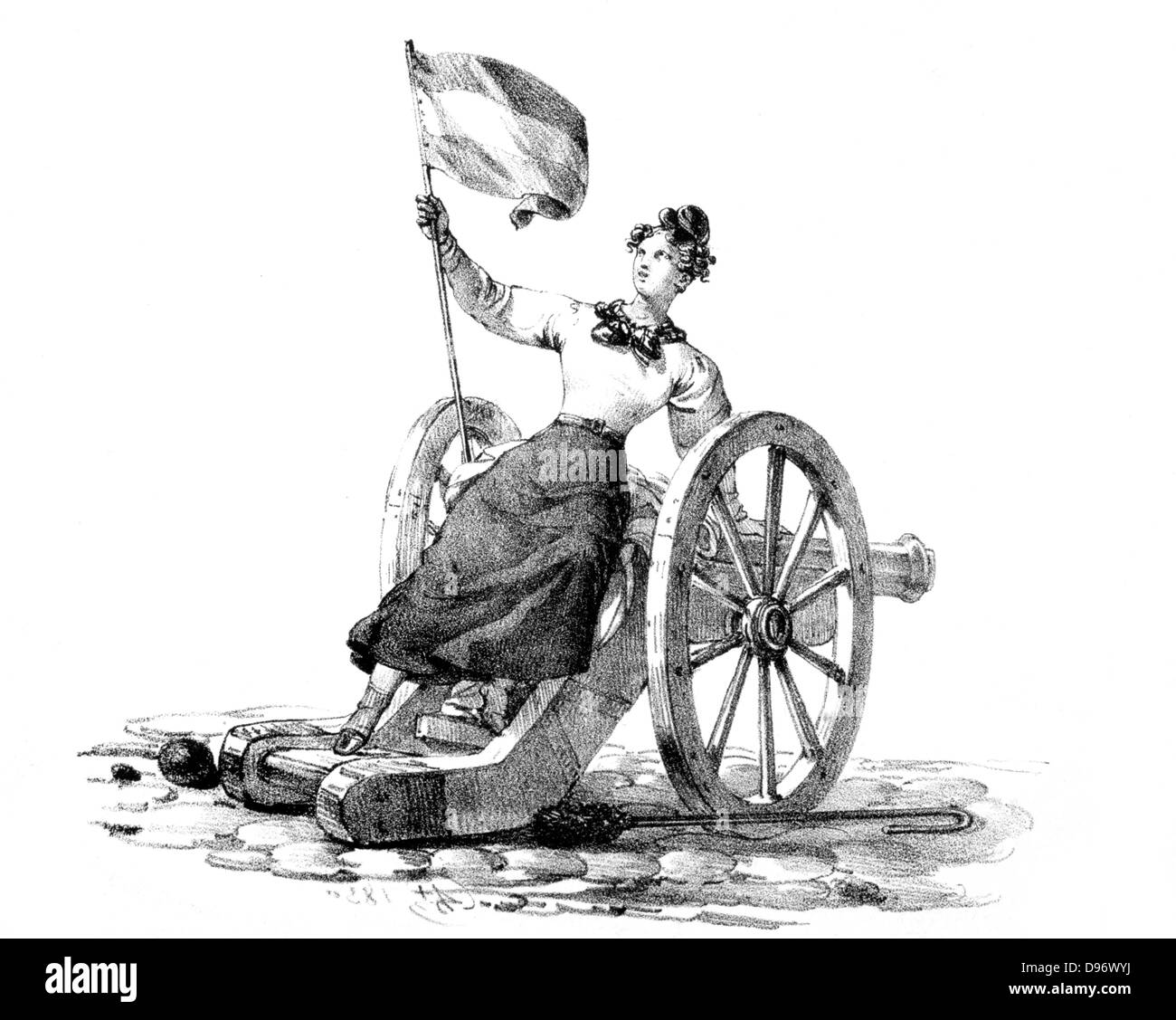 Revolution in France, 1830: Uprising in Paris 27, 28 and 30 July. Young woman seated on a cannon and flourishing a Tricoleur. Lithograph. Stock Photo