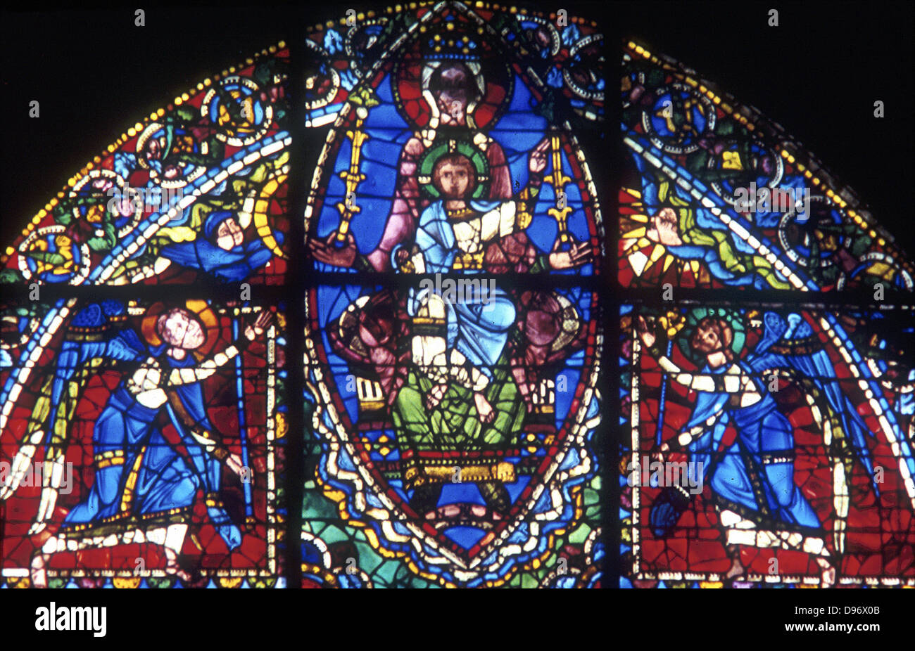 Virgin and Child flanked by angels. Chartres Cathedral, France. French Gothic. 12th century stained glass. Stock Photo
