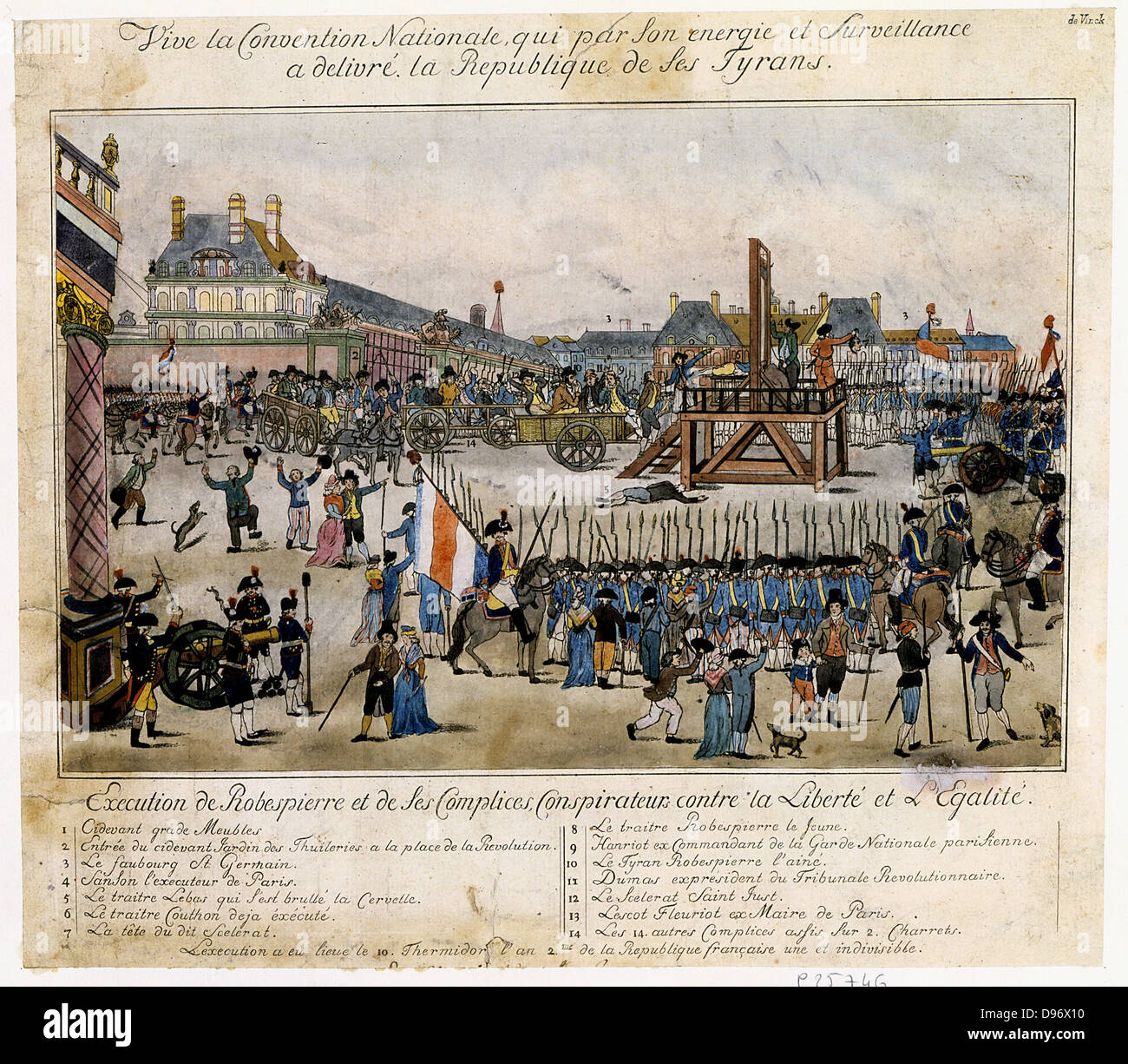 Execution by guillotine of Robespierre (1758-1794) French revolutionary, and his conspirators. Robespierre mounts scaffold. In cart left of scaffold are Hanriot, Robespieree, Dumas and Saint-Just. Behind them are are 14 conspirators in 2 carts. Contemporary hand-coloured lithograph by de Vinck. Stock Photo