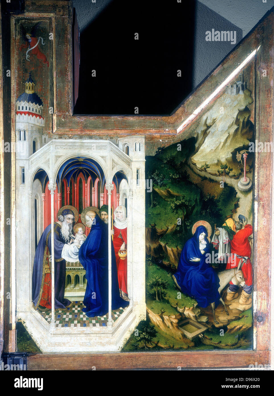 The Presentation at the Temple and The Flight Into Egypt. From a triptych. Virgin Mary, St Simeon, the prophetess Anna, St Joseph Holy Family. Melchior Broederlam (active 1381-1409) Netherlands painter. Stock Photo