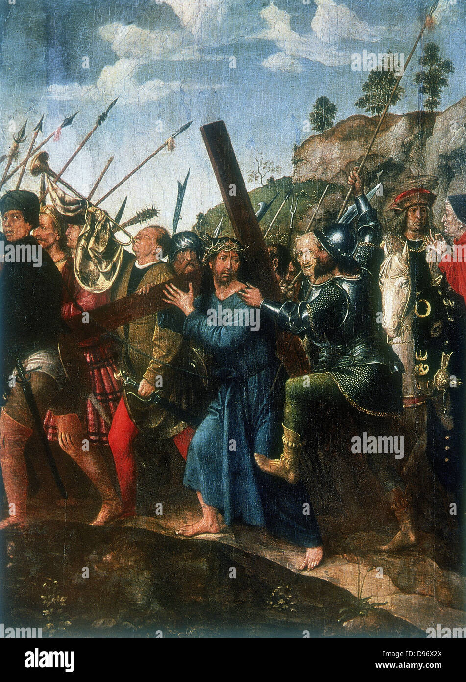 Jesus on the road to Calvary. Jesus, wearing crown of thorns carrying his cross, urged on by soldier. Michiel Sittow (1469-1525). Oil on wood. Stock Photo