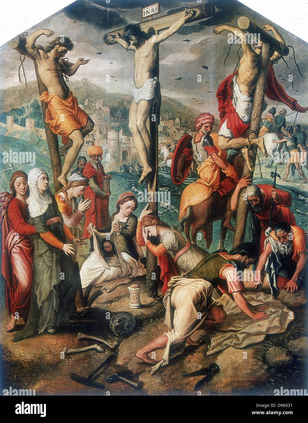 Calvary. Christ between the two thieves. Pieter Pietersz (1450-1603). Oil on wood. Stock Photo