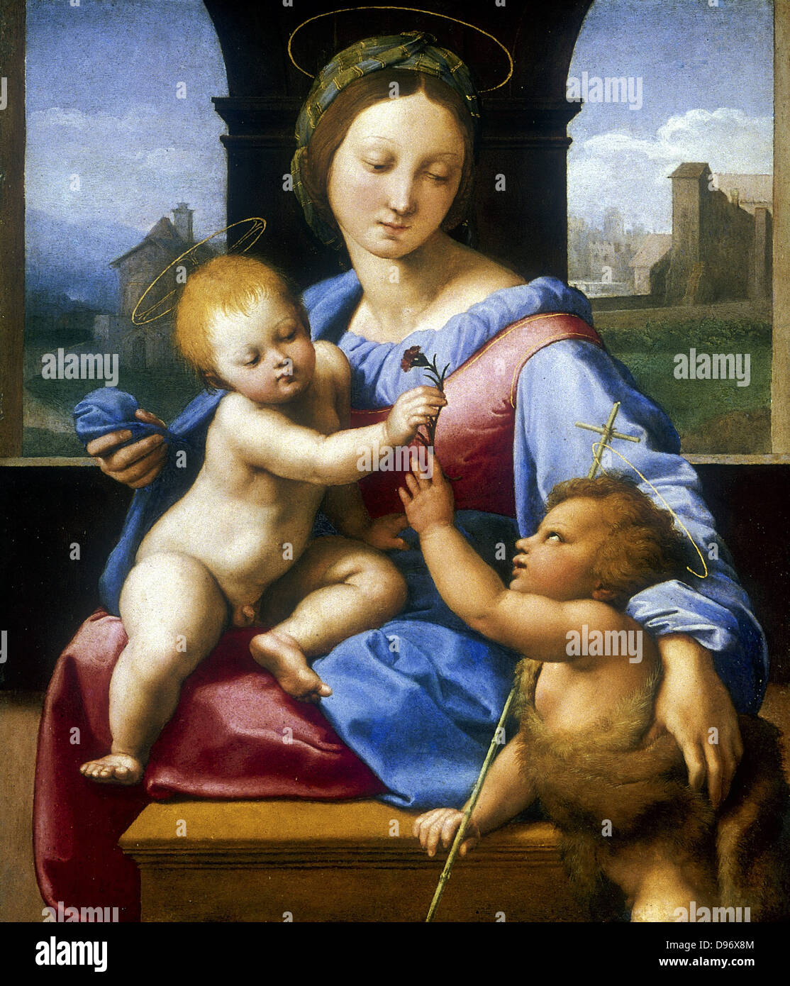 Madonna and Child with the Infant Baptist (The Garvagh Madonna) 1509-1510, depicting the moment when Christ takes the carnation from John the Baptist's Hand. Raphael (1483-1520) Raffaello Santi, Italian painter. Oil on Wood. Stock Photo