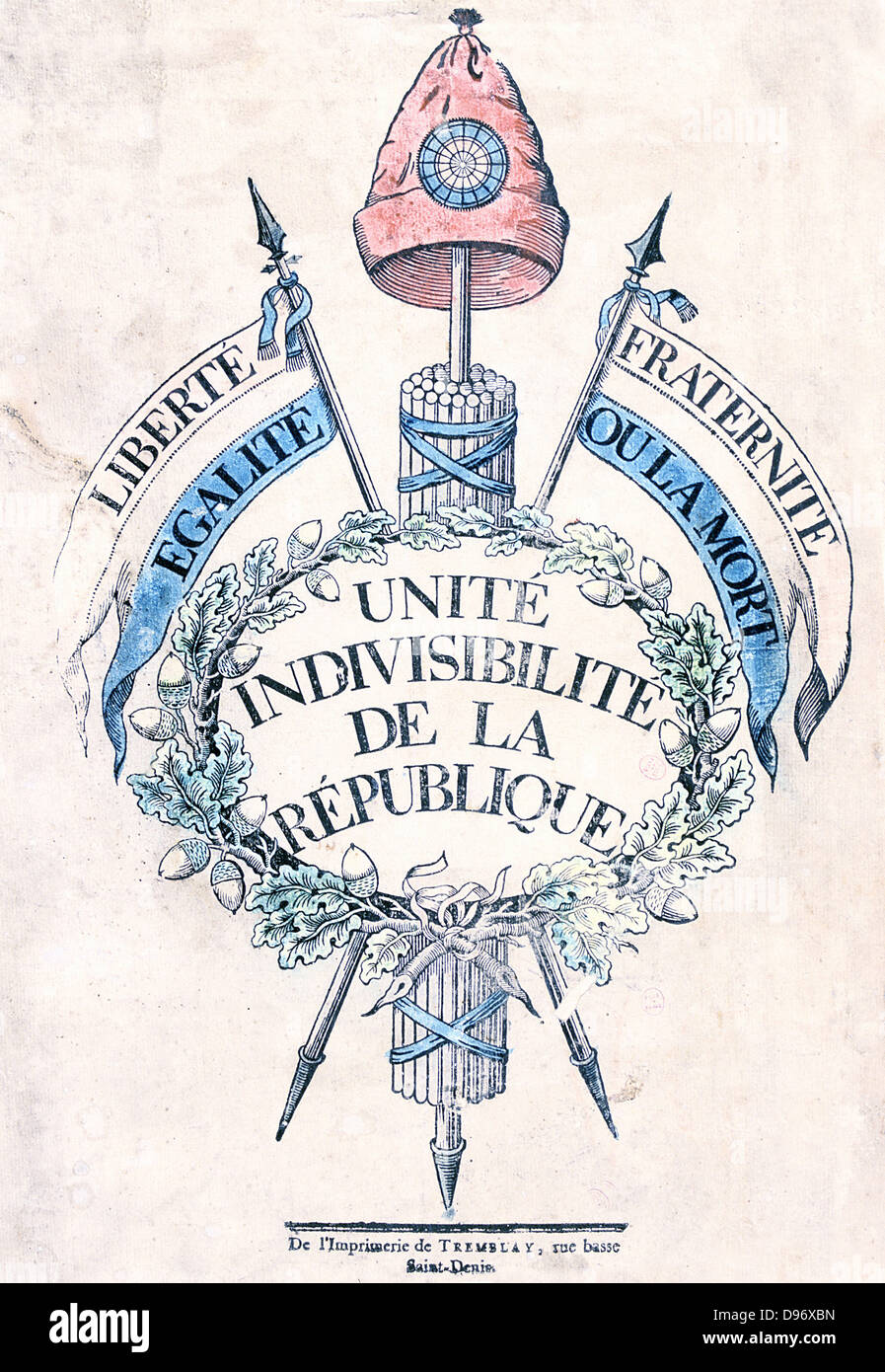 French Revolution 1789: Allegorical emblem of Republic Fasces topped by Cap of Liberty and ribbands with legend ' Liberty, Fraternity, Egality or Death'. Contemporary popular coloured print. Stock Photo