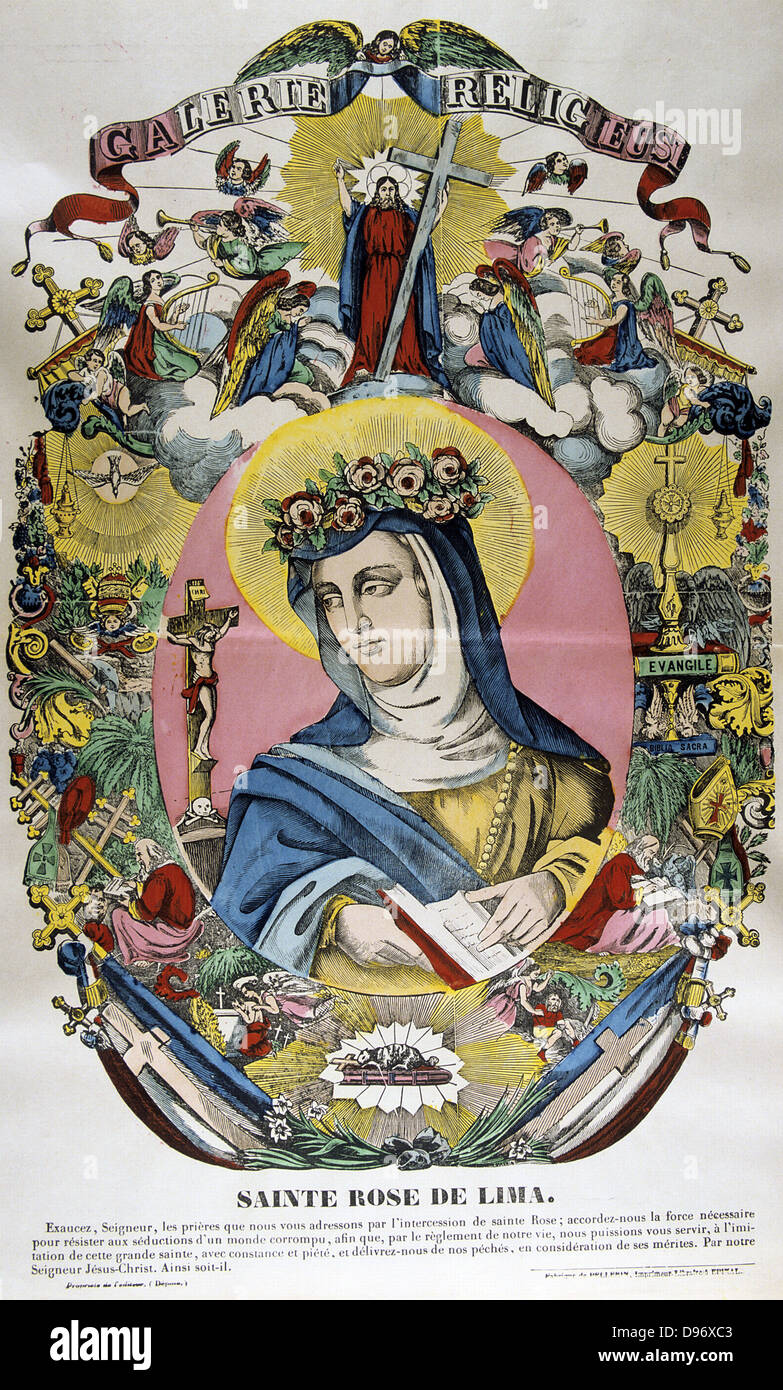 Santa Rosa of Lima (1586-1617) Born Lima, Peru, of Spanish parents, was first canonized saint from the New World. From mid-19th century French coloured print. Stock Photo