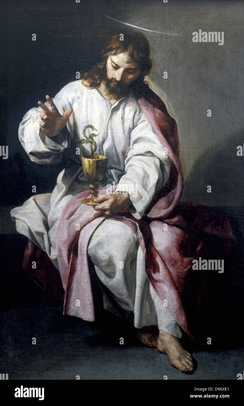 St John the Evangelist with the Poisoned Cup'. Legend is that cup of poisoned wine was passed to St John and, as he blessed it, the poison rose up in the form of a serpent. Bible: Matthew 20:23. Alonso Cano (1601-1667) Spanish painter. Stock Photo