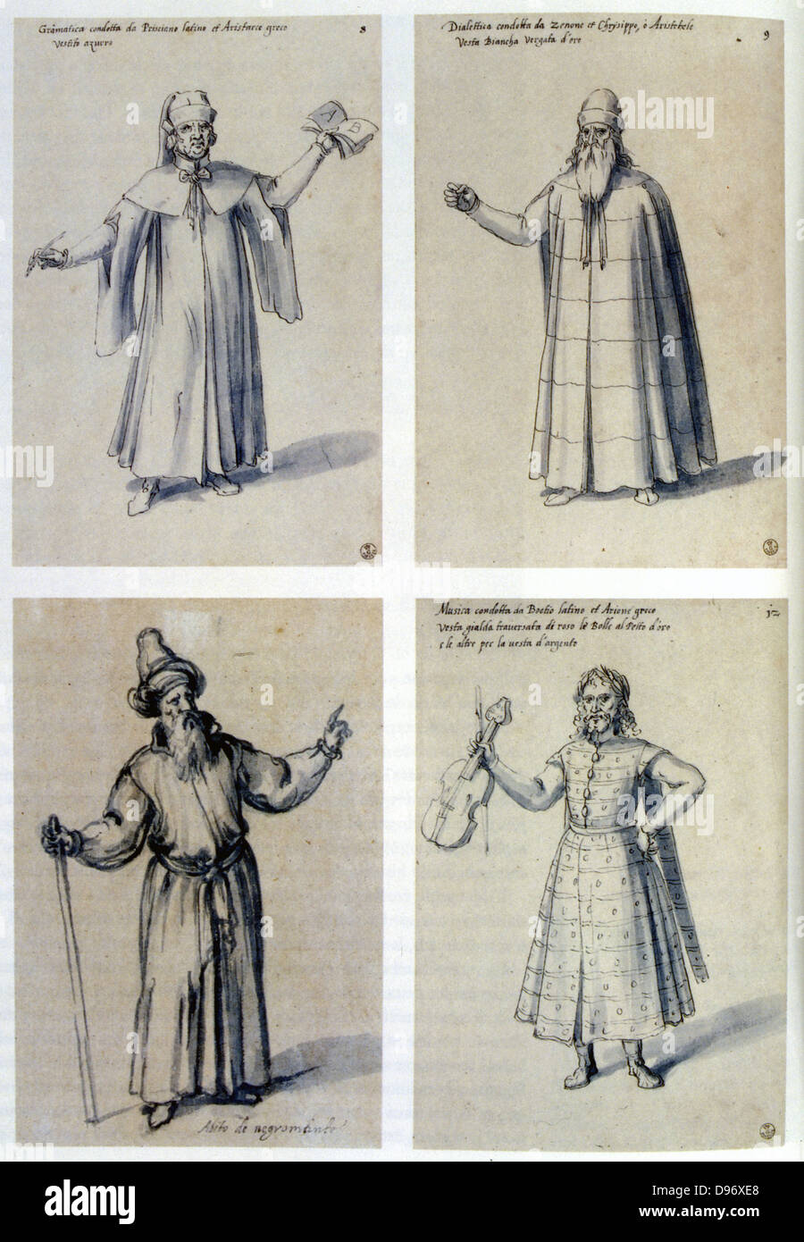 Costume design for classical figures. Top L: Aristarchos. Top R: Aristotle. Guiseppe Arcimboldo (c1530-1593) Italian painter. Pen, blue ink and watercolour on paper. Stock Photo