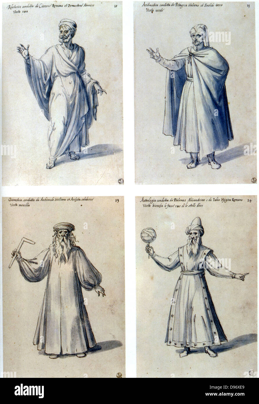 Costume design for classical figures. Top L: Cicero. Top R: Euclid. Bottom L: Archimedes. Bot. R: Ptolemy of Alexandria. Guiseppe Arcimboldo (c1530-1593) Italian painter. Pen, blue ink and watercolour on paper. Stock Photo