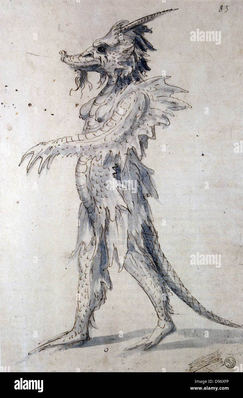 Design for a dragon. Guiseppe Arcimboldo (c1530-1593) Italian painter. Pen, blue ink and watercolour on paper. Stock Photo