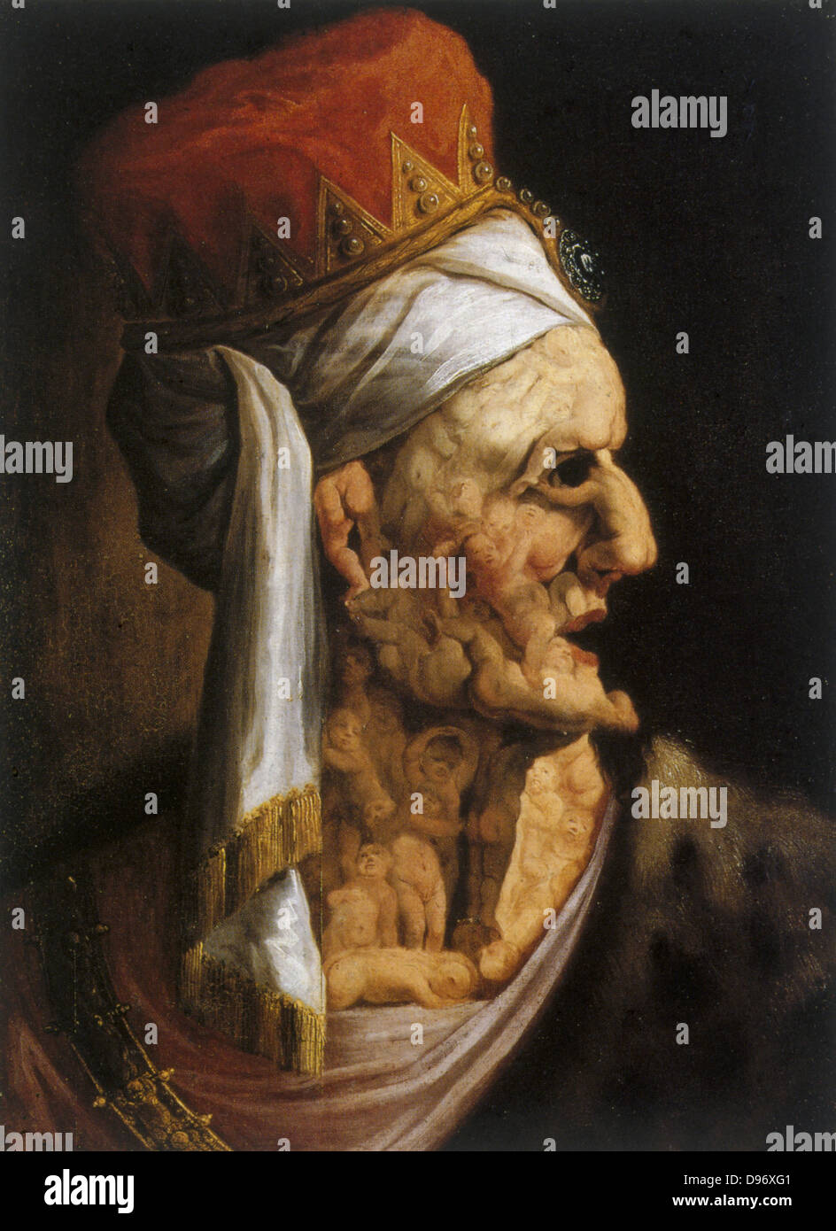 Herod' king of the Jews. Crowned head with face and neck composed of first-born (Holy Innocents) he massacred (Bible Matt. 2:16). Anonymous 17th century in style of Arcimboldo. Oil on wood. Stock Photo