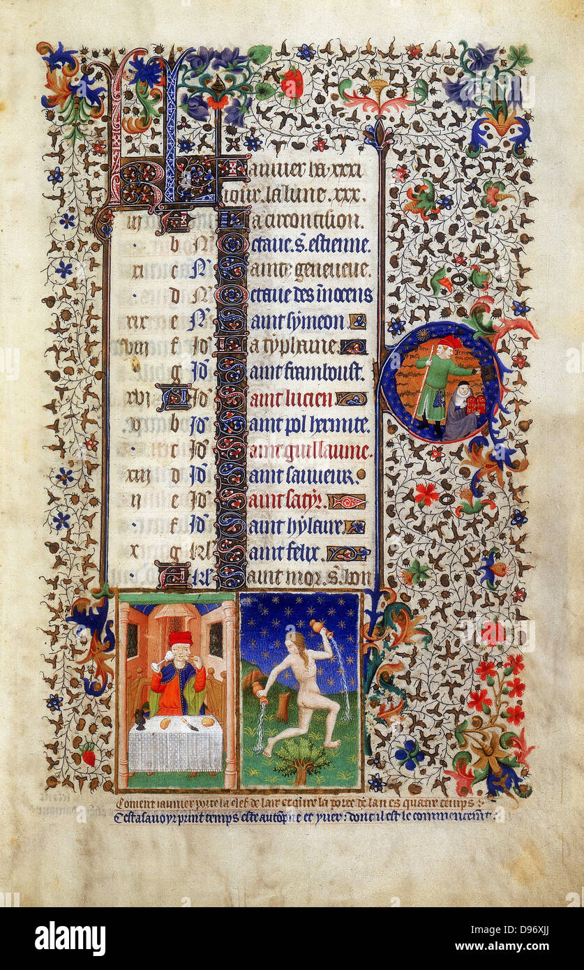 January: Man feasting (Janus). Janus (two-faced Roman god, keeper of the gate of heaven) in roundel on centre left. Astrological sign for Aquarius, the Water Carrier. From Bedford Hours. French c1423. Stock Photo