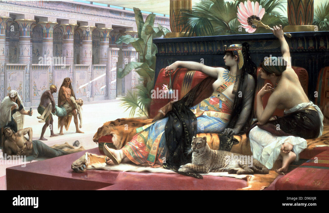 Cleopatra testing poisons on those condemned to death'. The Ptolemaic dynasty in Egypt which ended with Cleopatra VII, was founded by Alexander the Great's general Ptolemy whose portion of the empire divided after Alexander's death included Egypt. Lawrence Alma-Tadema (1836 -1912) Dutch-born English painter. Classical genre. Oil on canvas. Stock Photo