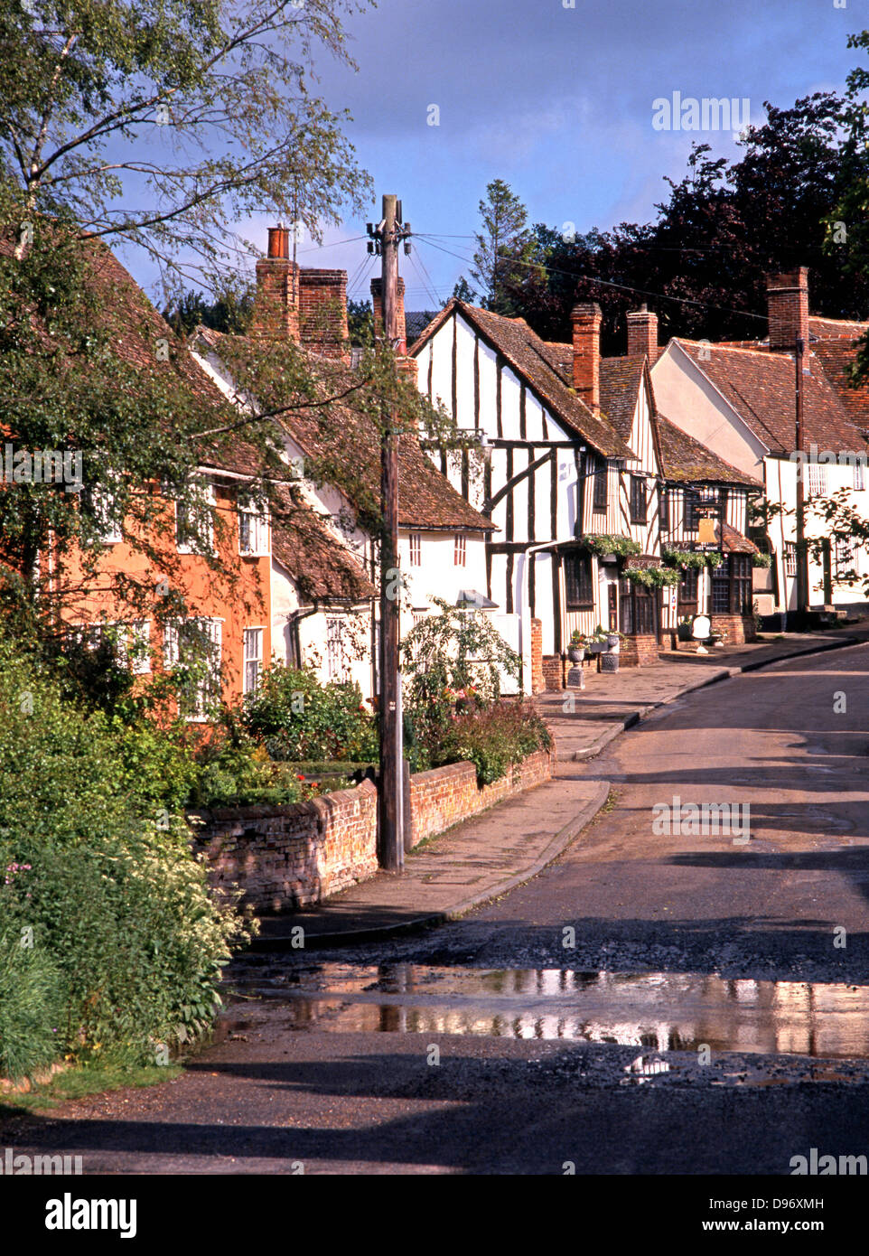 View up main village street, Kersey, Suffolk, England, UK, Western Europe. Stock Photo