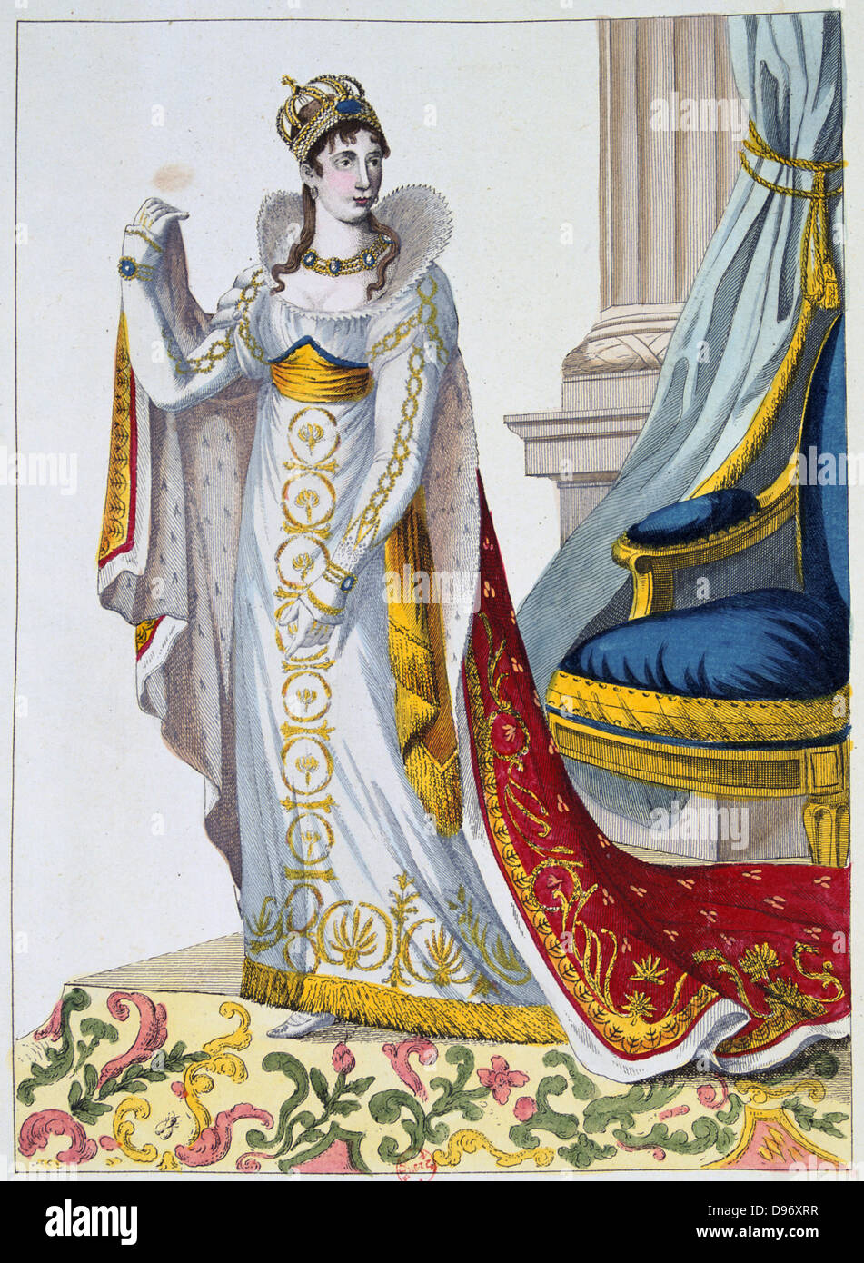 Cermonial robes worn by Josephine at the coronation of Napoleon, 2 December 1804. Hand-coloured engraving. Stock Photo