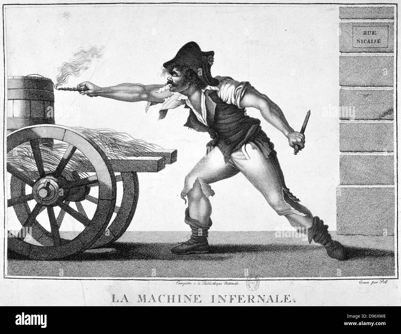 French Revolution of 1789. Revolutionary lighting the fuse of a bomb. Engraving. Stock Photo