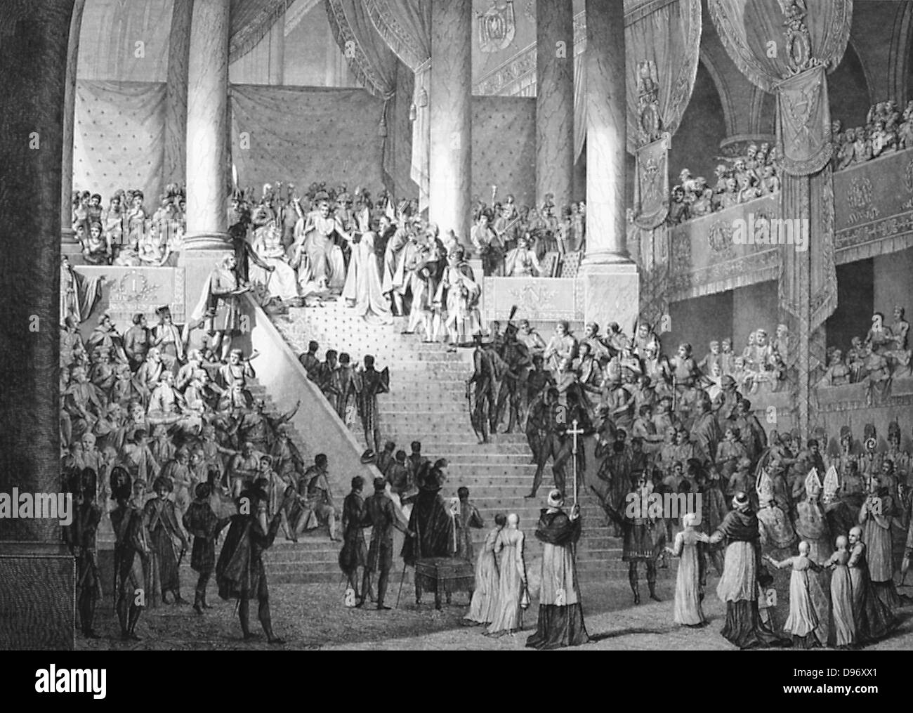 Coronation of Napoleon I, 2 December 1804. Napoleon swearing the oath. Engraving. Stock Photo
