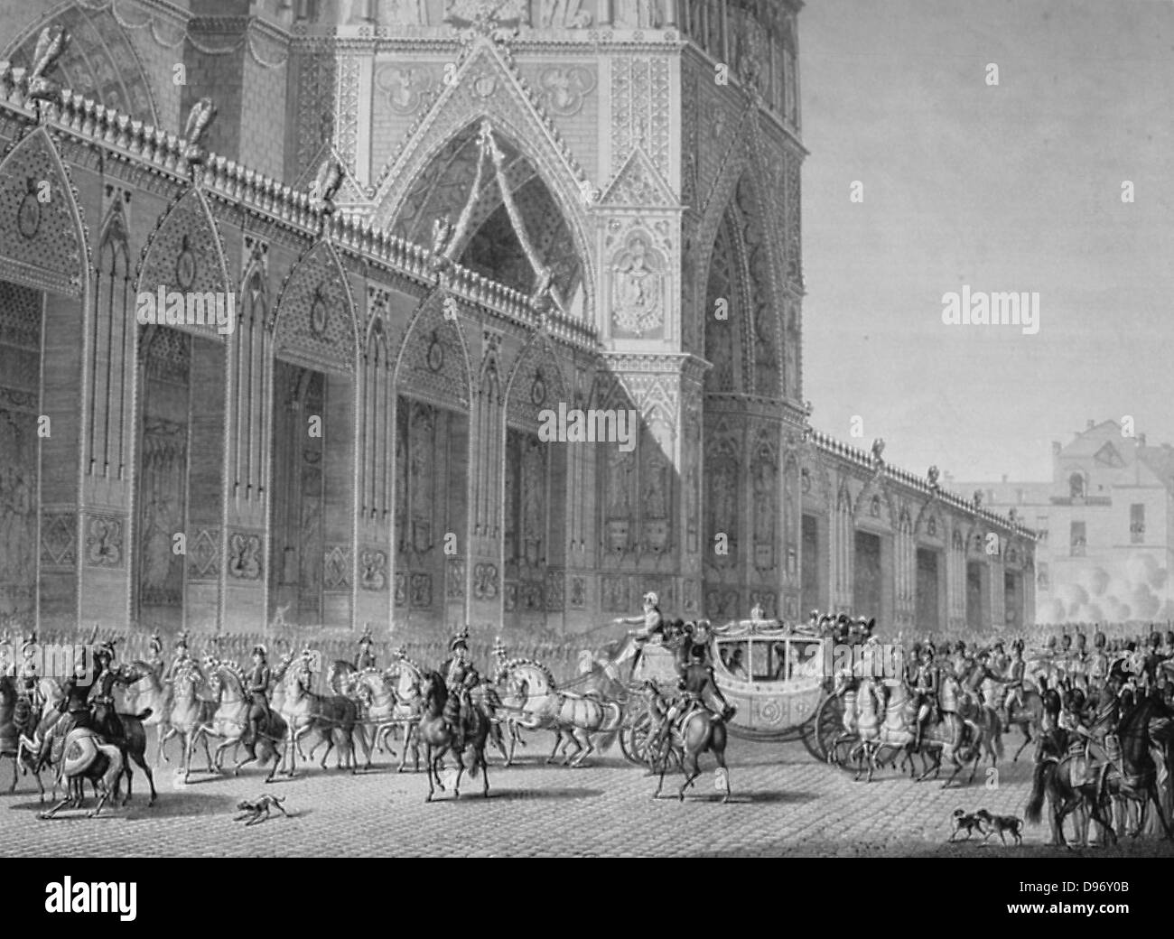Coronation of Napoleon I, 2 December 1804. Arrival of the Emperor's coach at Notre Dame, Paris. Engraving. Stock Photo