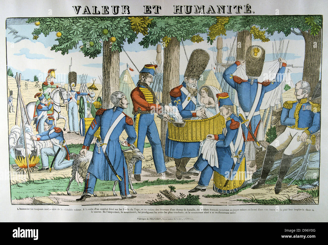 Illustration of an incident during the Peninsular Campaign demonstrating the humanity of French soldiers. Following hostilities on the banks of the Tagus they found a baby asleep in a wicker cradle, rescued it and cared for it. Popular 19th century hand-coloured woodcut. Stock Photo