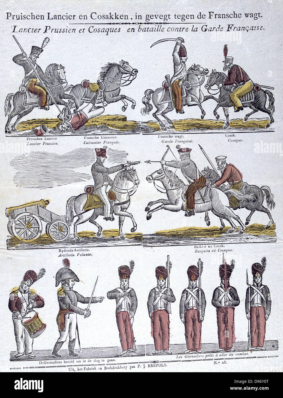 Prussian Lancers and Cossacks fighting French troops. |19th century popular hand-coloured woodcut. Stock Photo