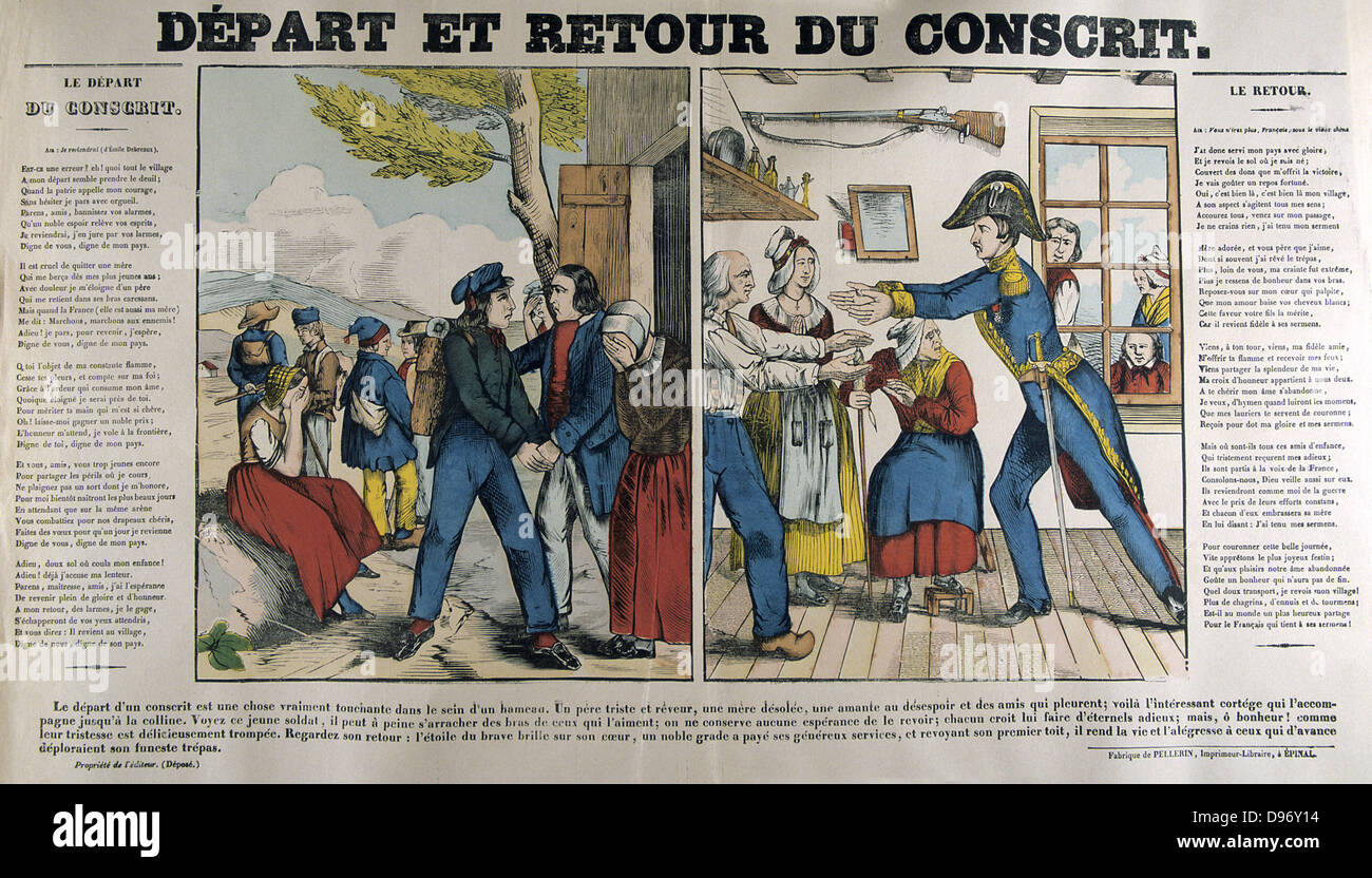 Departure and Return of a Conscript. 19th century popular French  hand-coloured woodcut Stock Photo - Alamy