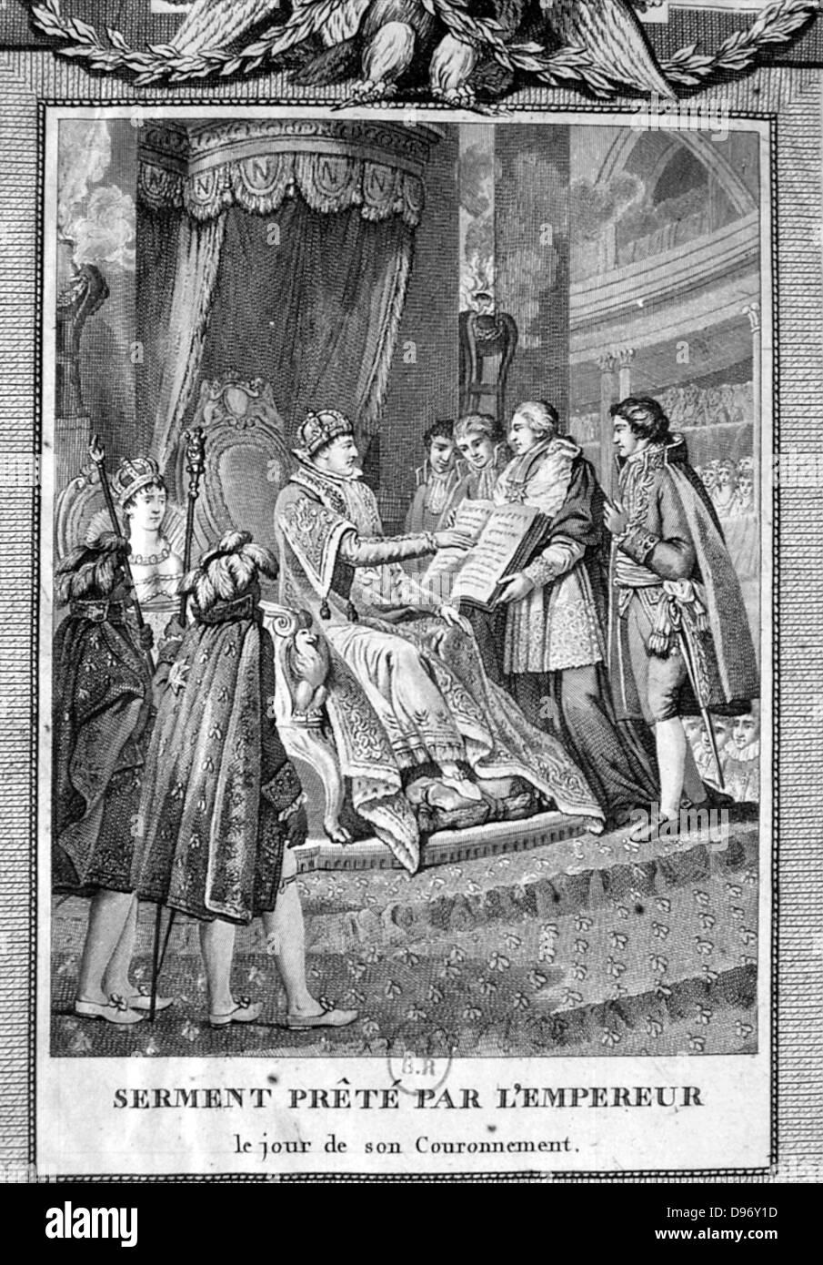 Coronation of Napoleon I in Notre Dame, Paris, 2 December 1804. Napoleon taking the Oath. Engraving Stock Photo