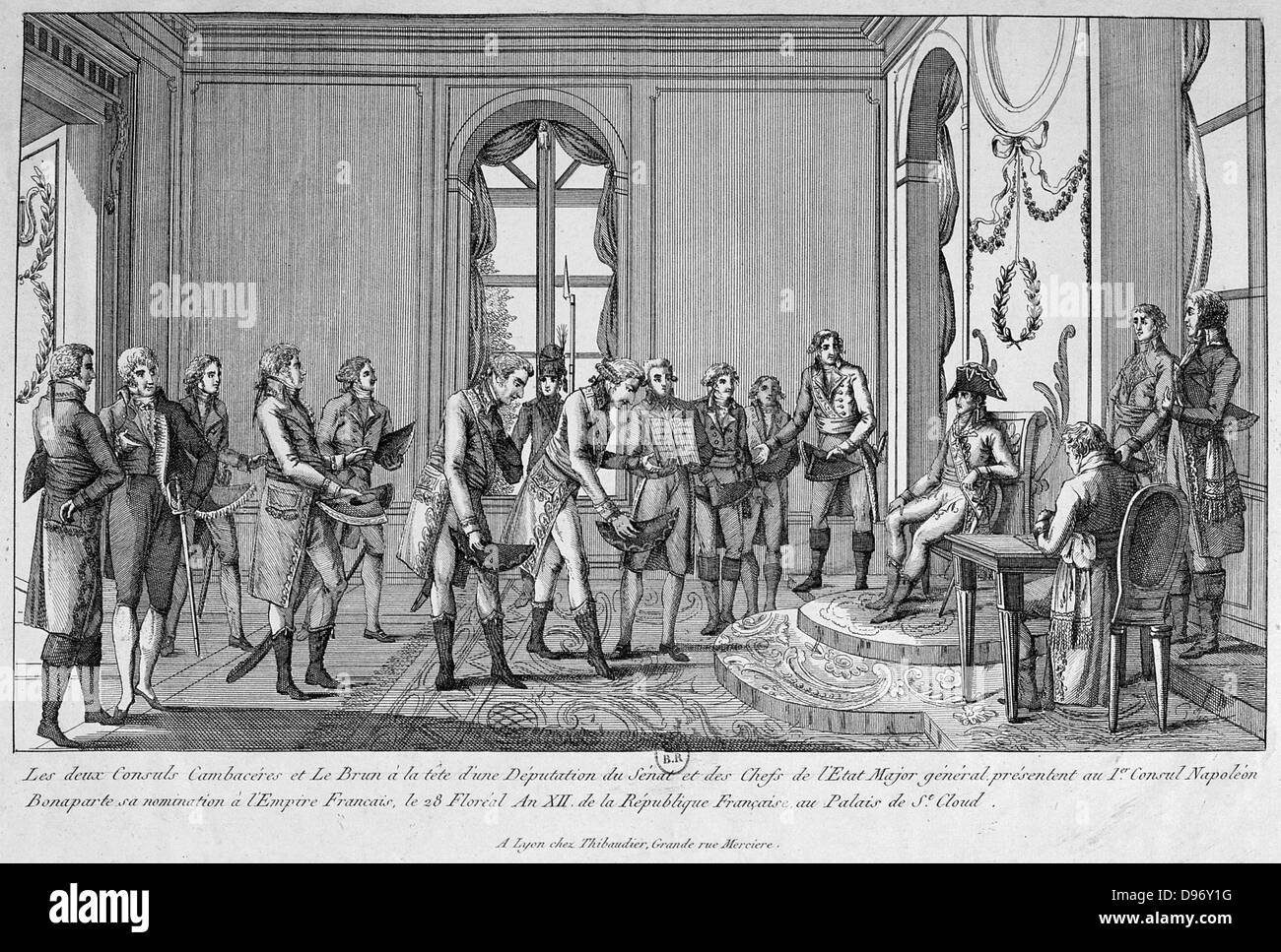 Consuls Cambaceres and Le Brun presenting the First Consul Napoleon his nomination as Emperor of France. Engraving. Stock Photo