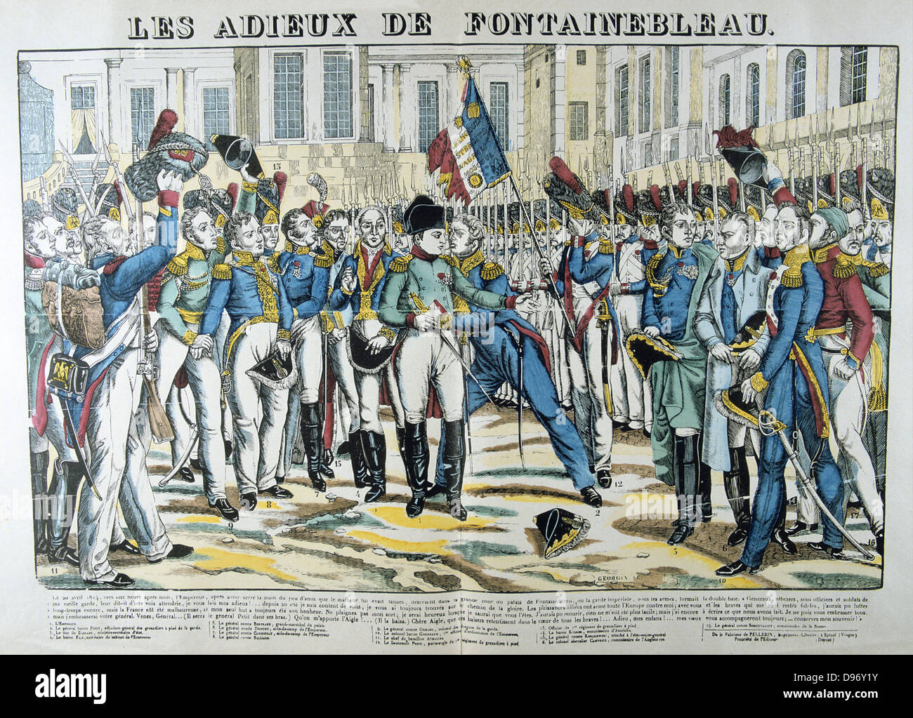 Napoleon I taking his leave at Fontainbleau of the Old Guard before going into exile on St Helena, 20 April 1814. 19th century French popular hand-coloured woodcut. Stock Photo